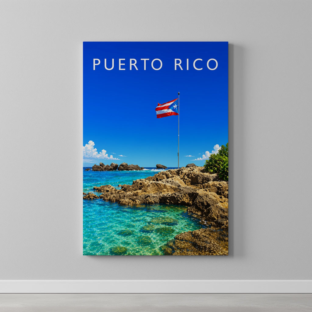 Puerto Rico Travel Poster as a gallery-wrapped canvas on a plain wall