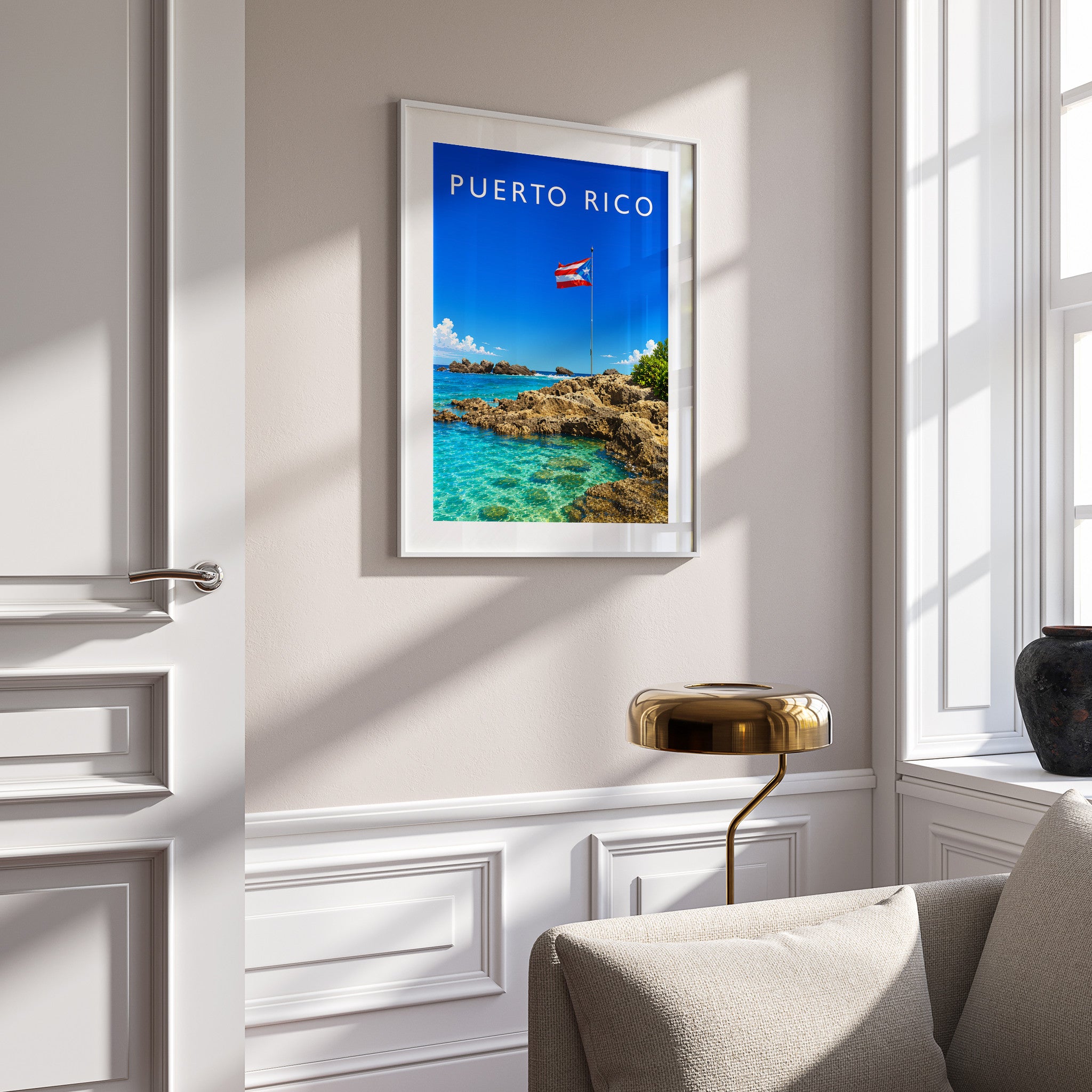 Puerto Rico Travel Poster in a white frame on a panelled wall