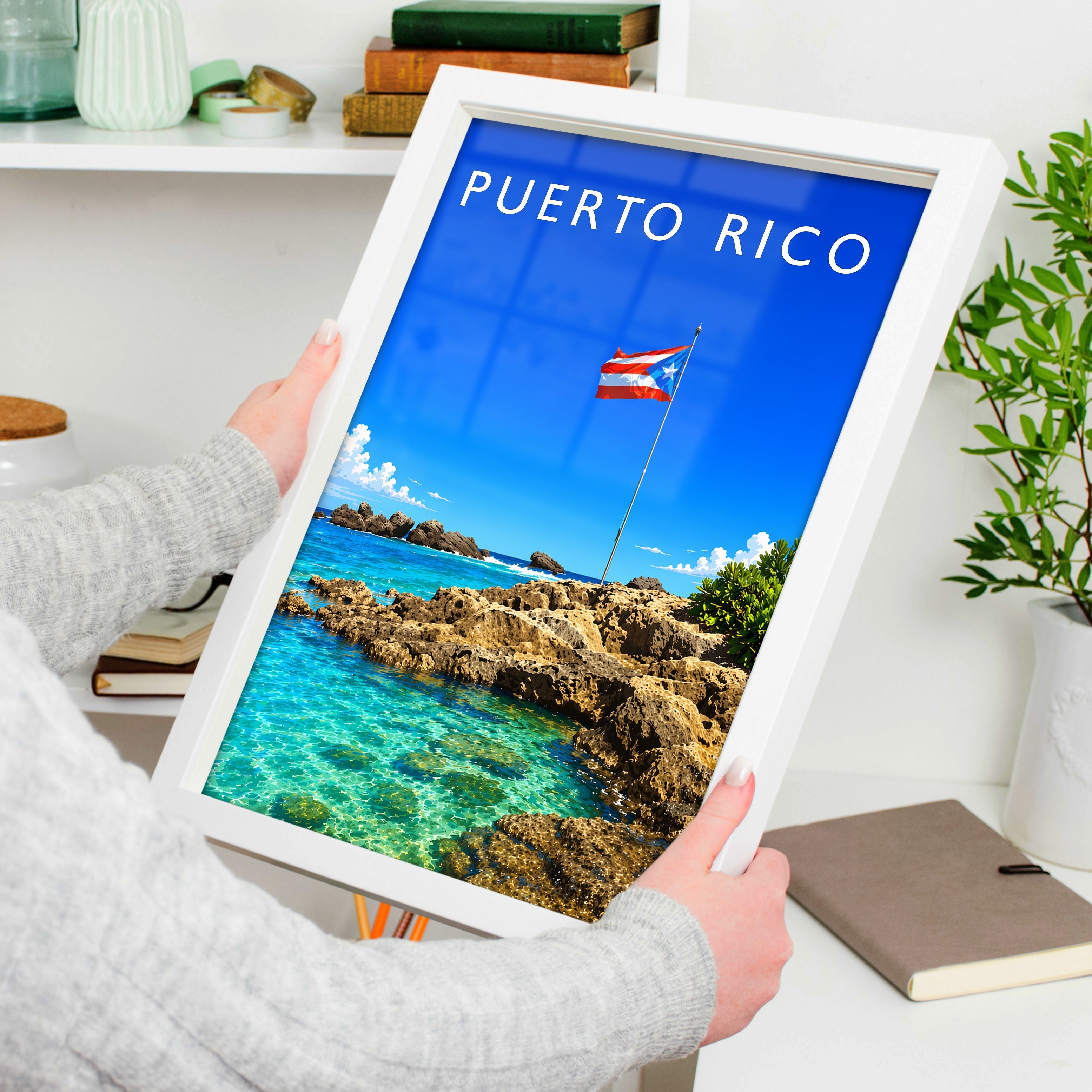 Puerto Rico Travel Poster held in a white frame
