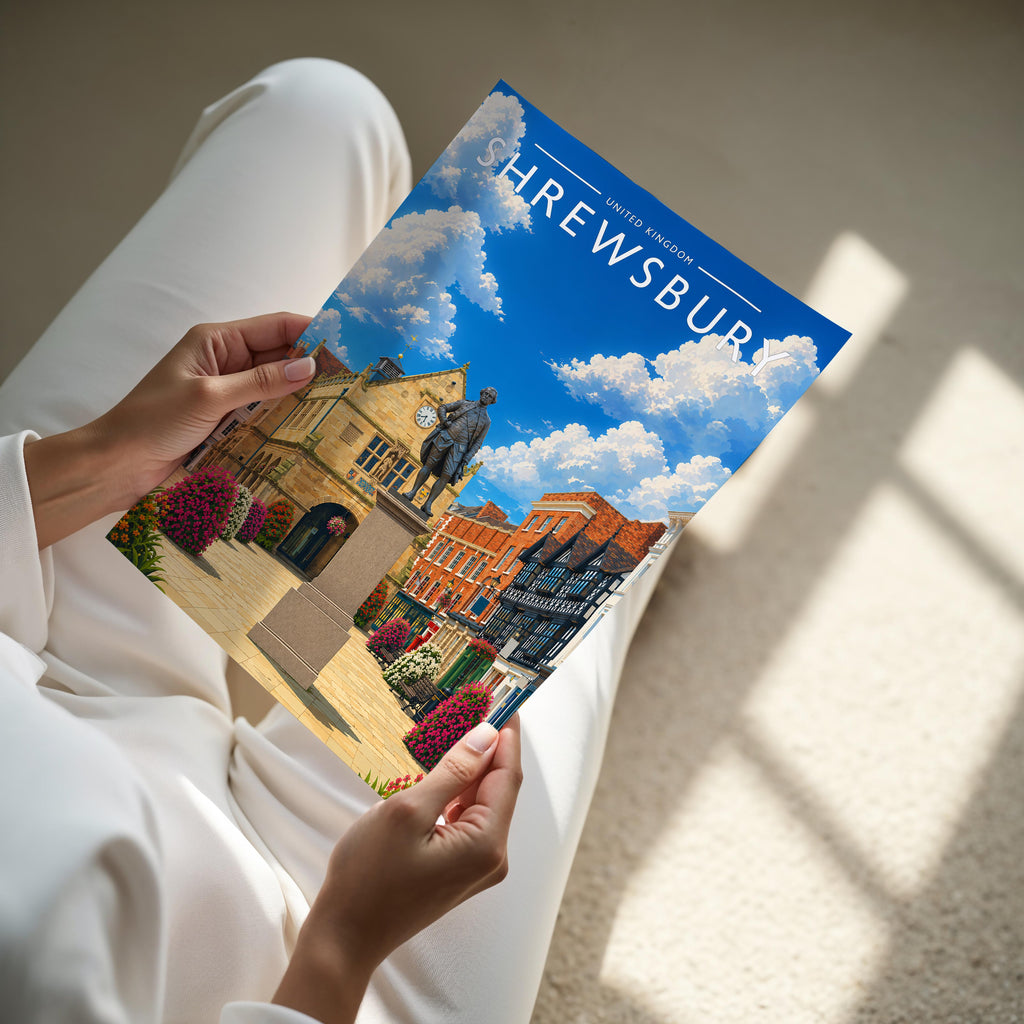 Shrewsbury Travel Poster - A4 print held in hand