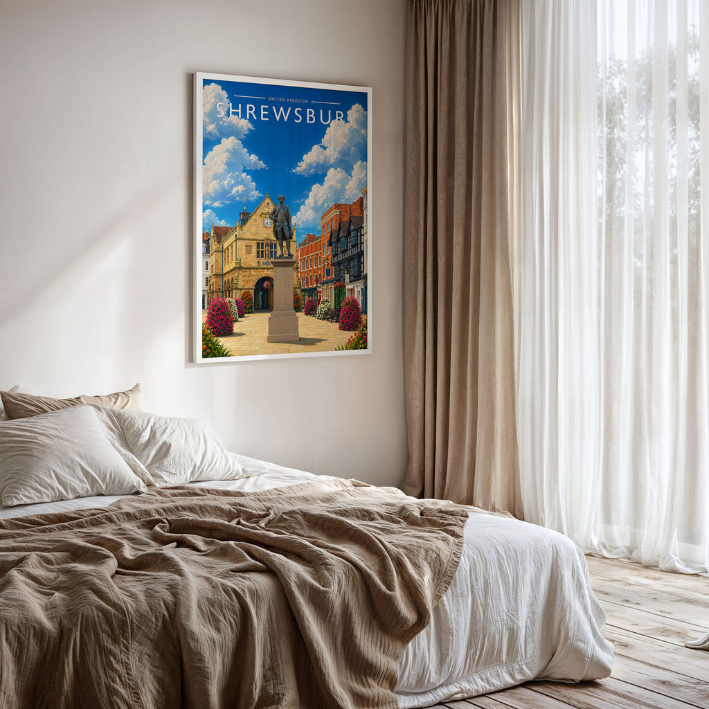 Shrewsbury Travel Poster framed on a bedroom wall