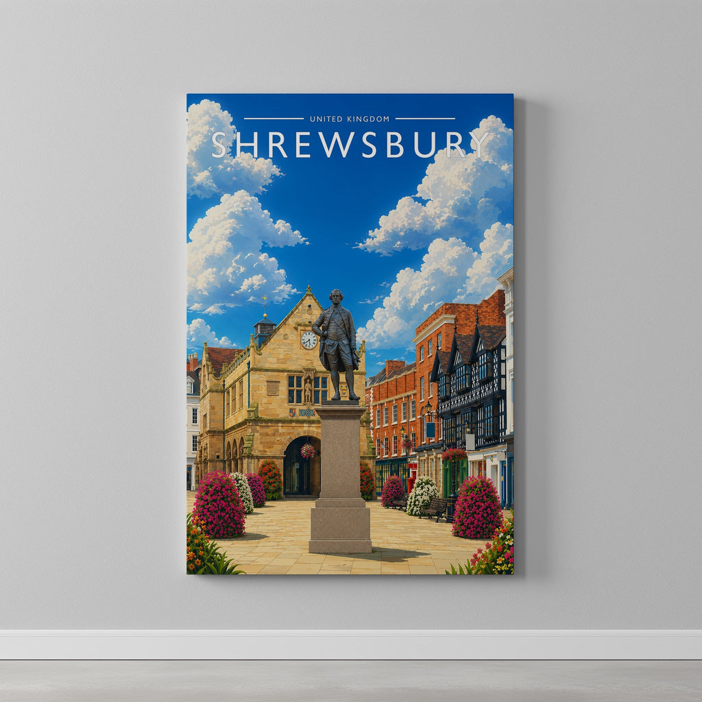 Shrewsbury Travel Poster as a gallery-wrapped canvas on a plain wall