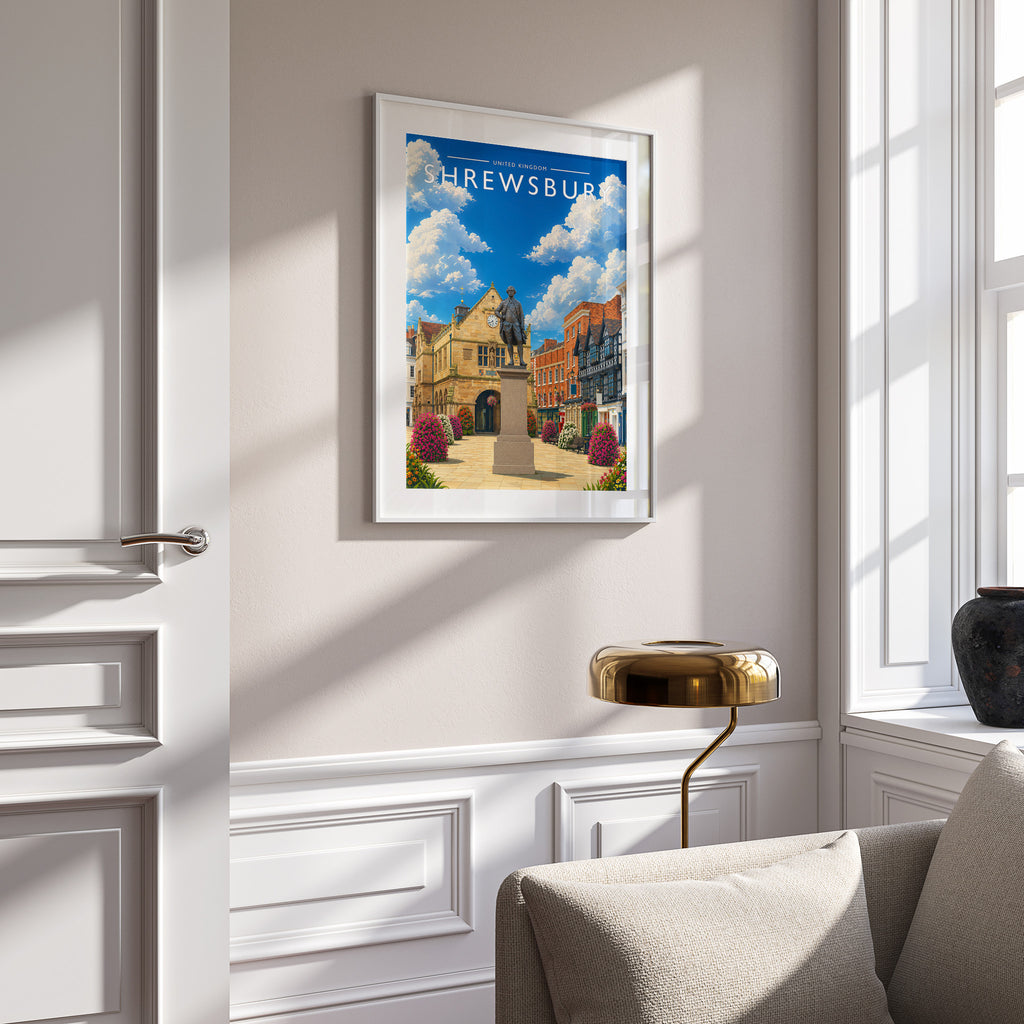 Shrewsbury Travel Poster in a white frame on a panelled wall