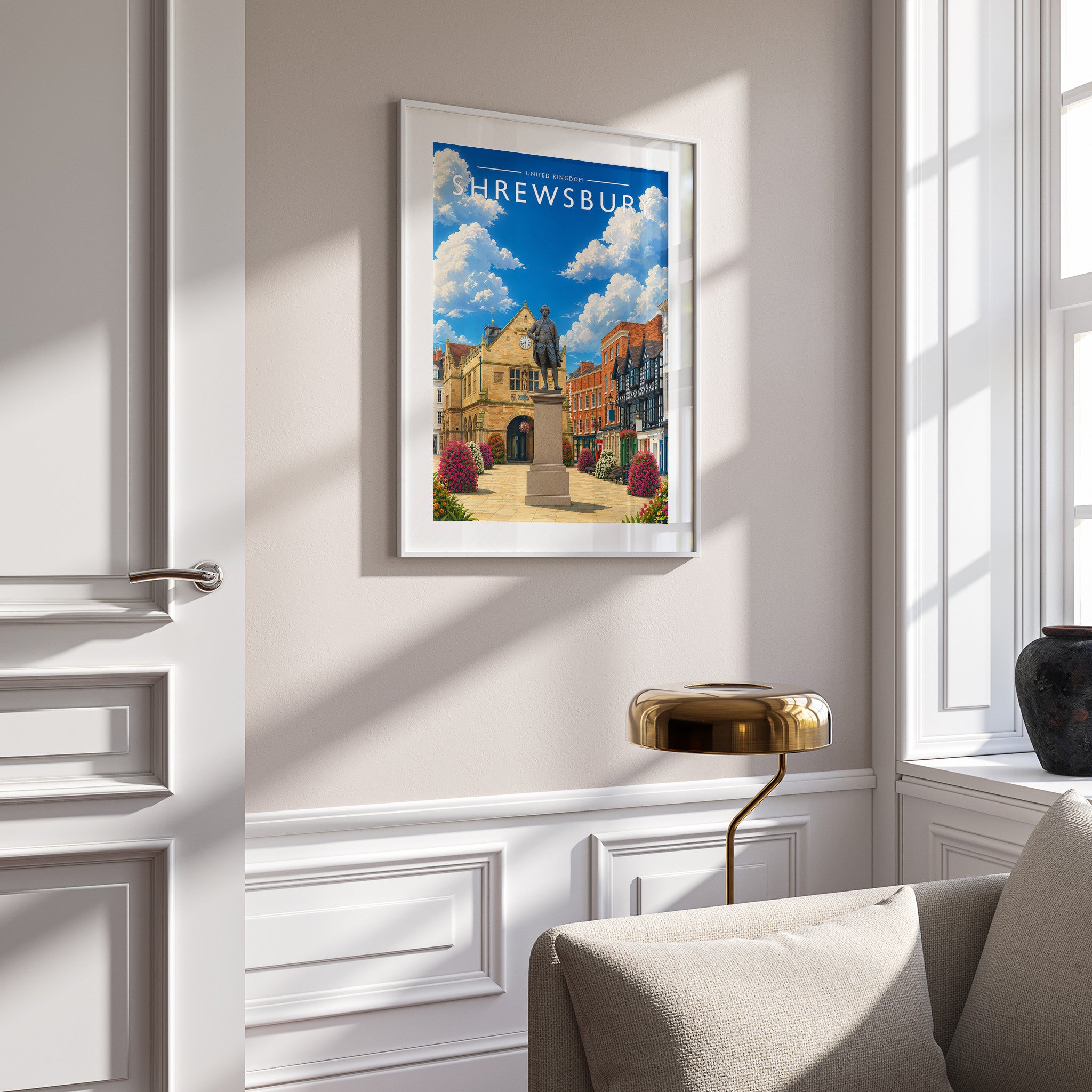 Shrewsbury Travel Poster in a white frame on a panelled wall