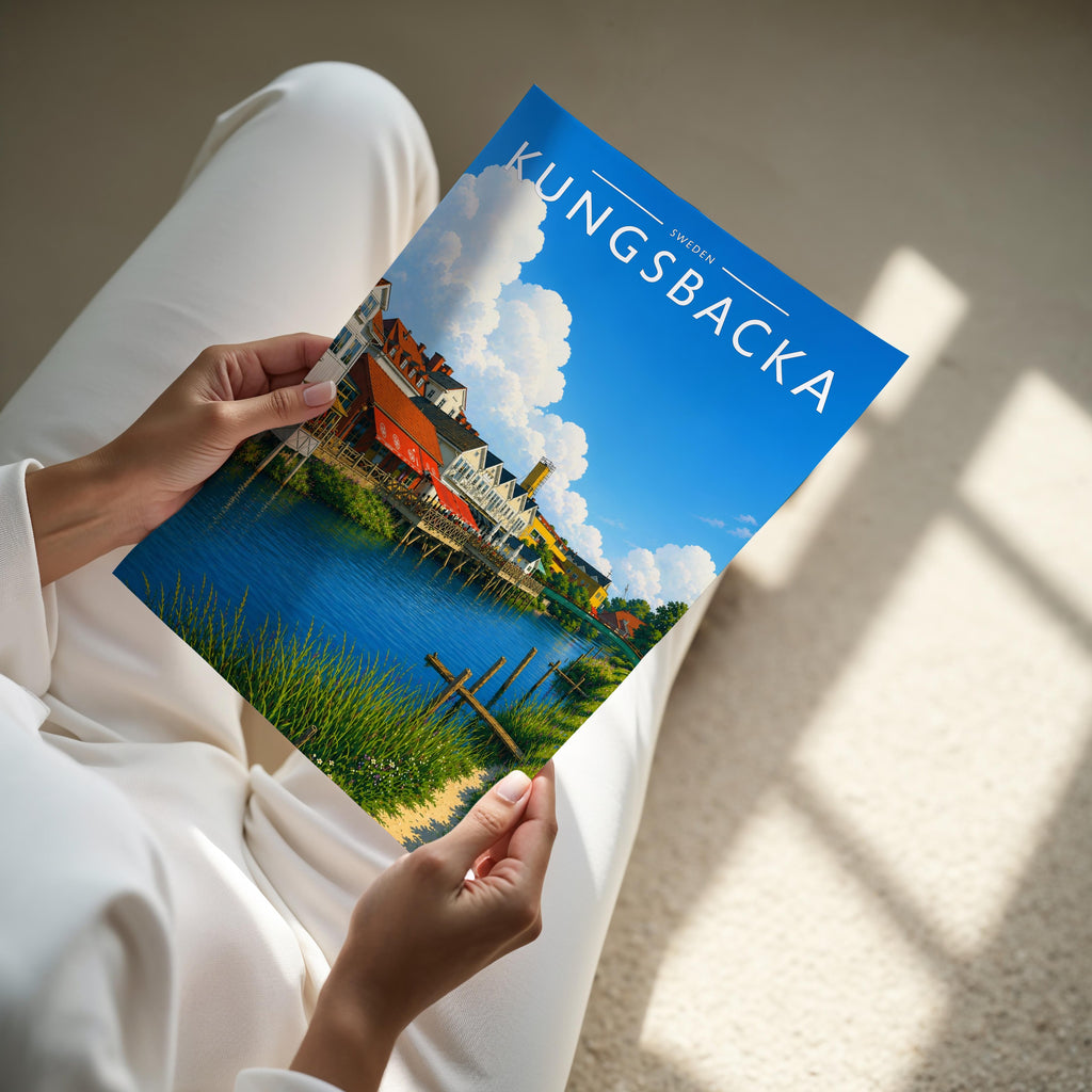 Kungsbacka Travel Poster - A4 print held in hand