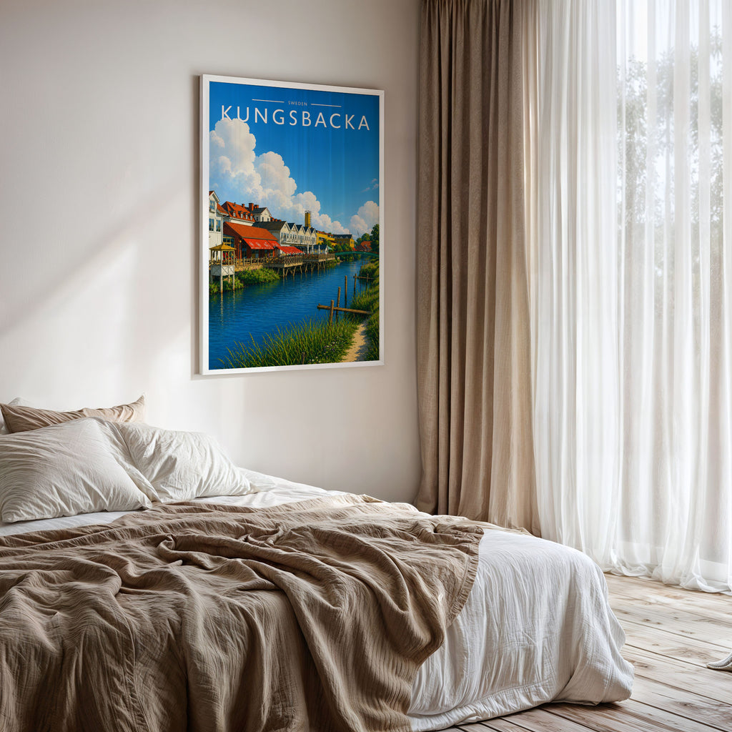 Kungsbacka Travel Poster framed on a bedroom wall