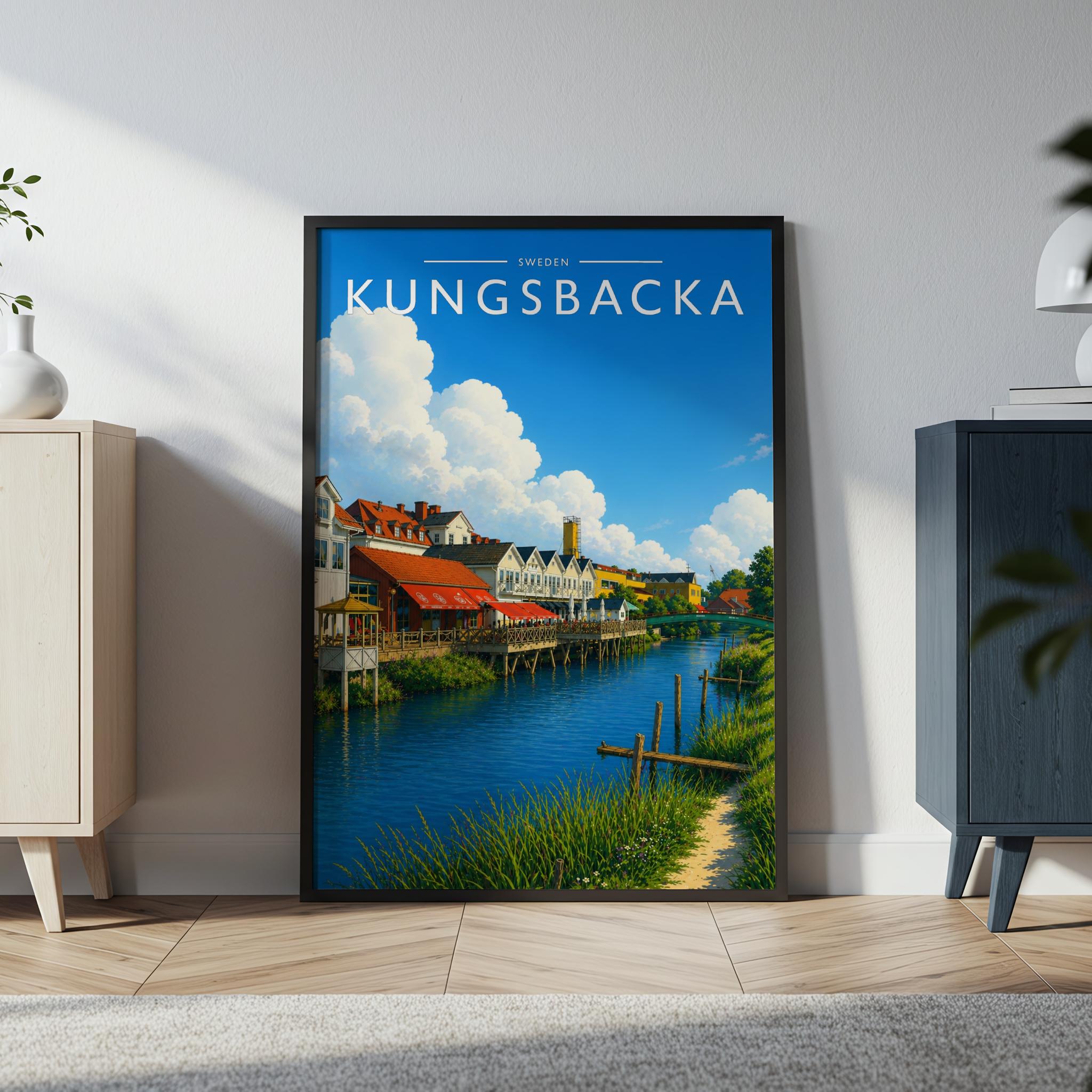 Kungsbacka Travel Poster in a black frame