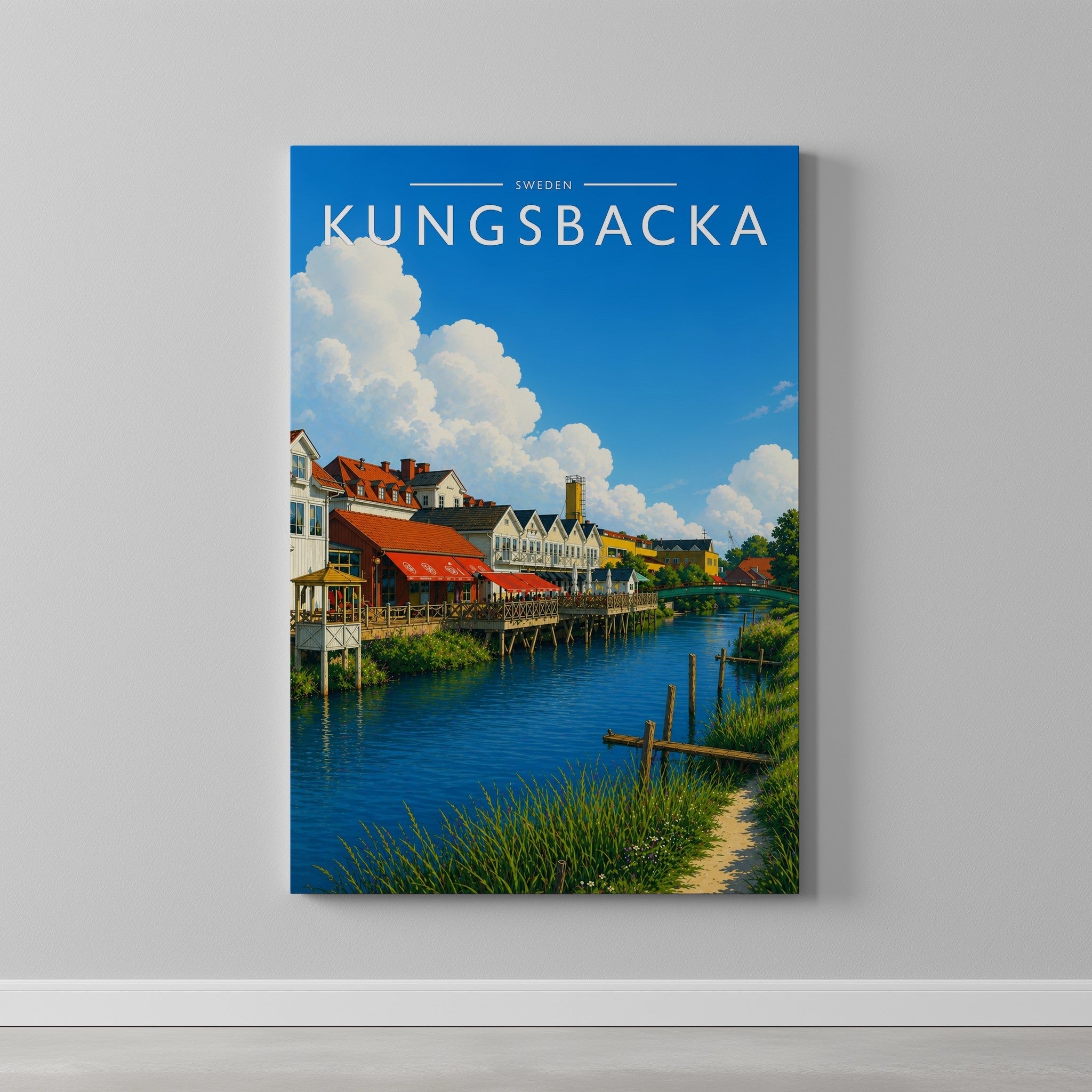 Kungsbacka Travel Poster as a gallery-wrapped canvas on a plain wall