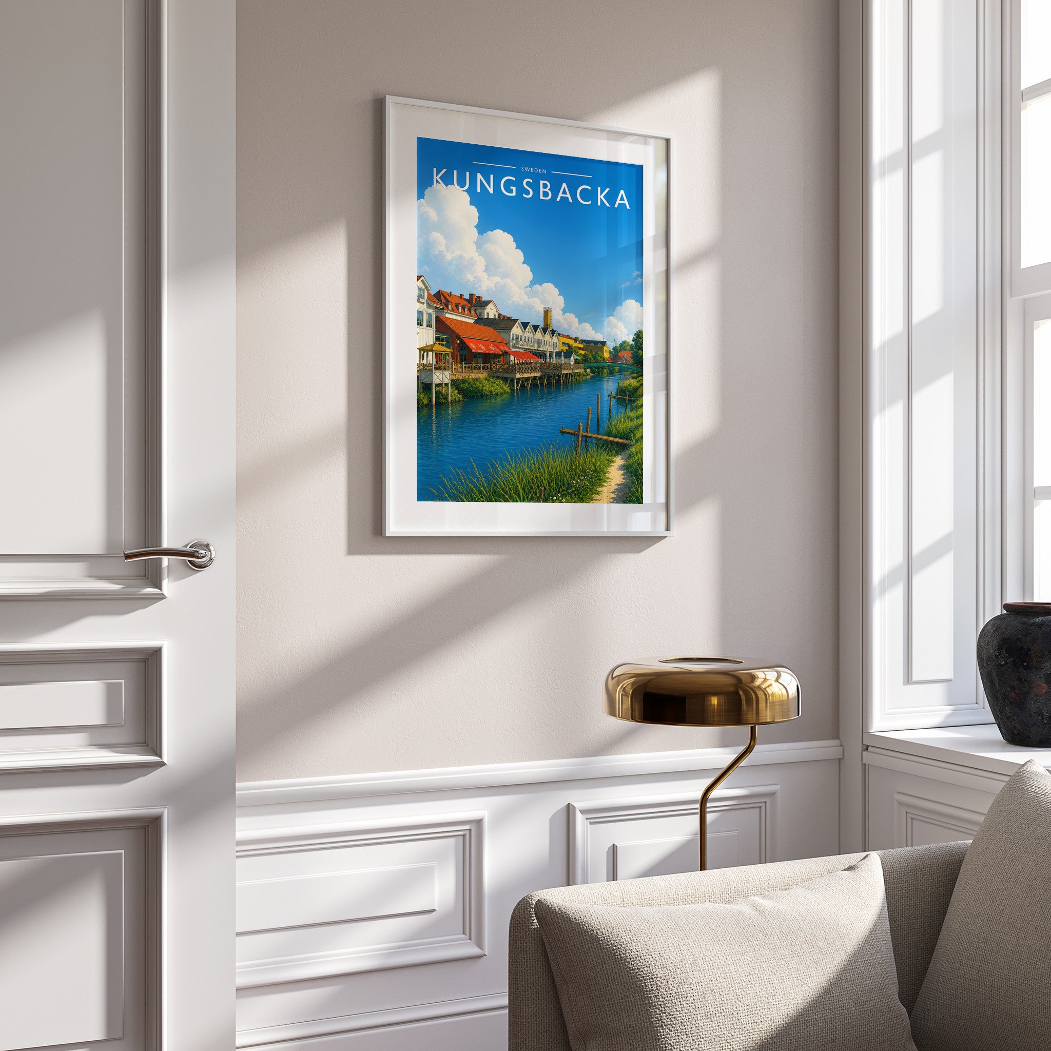 Kungsbacka Travel Poster in a white frame on a panelled wall