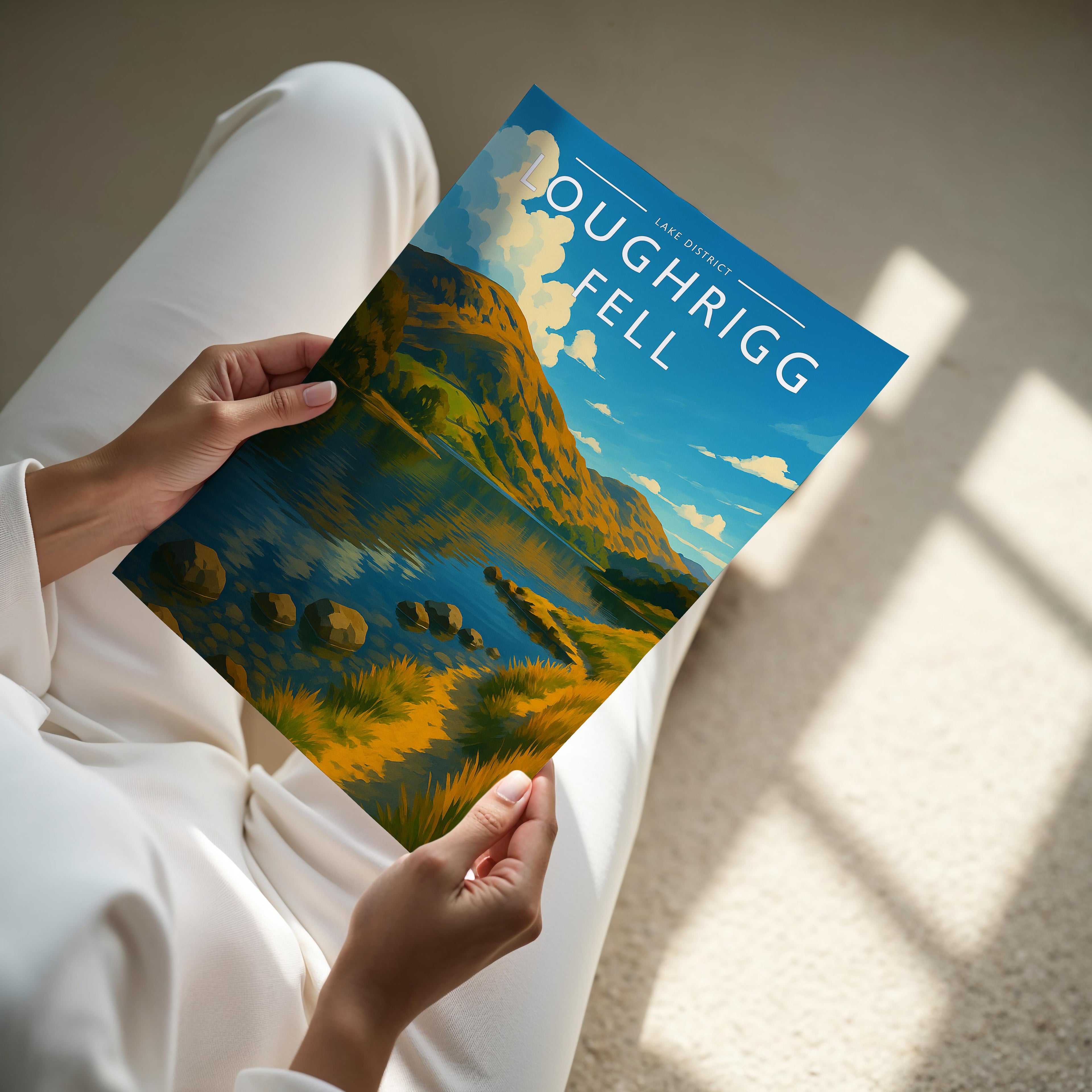 Loughrigg Fell Travel Poster - A4 print held in hand