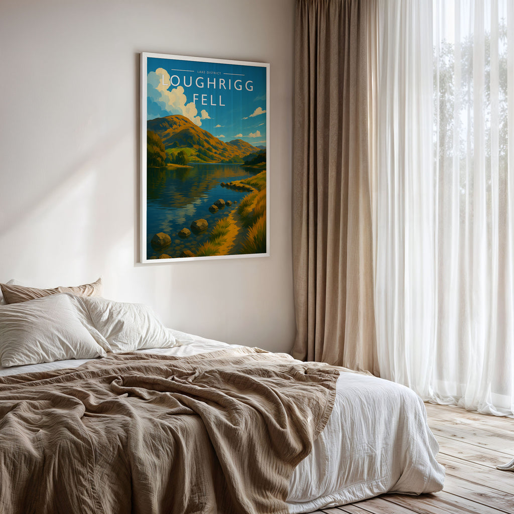 Loughrigg Fell Travel Poster framed on a bedroom wall