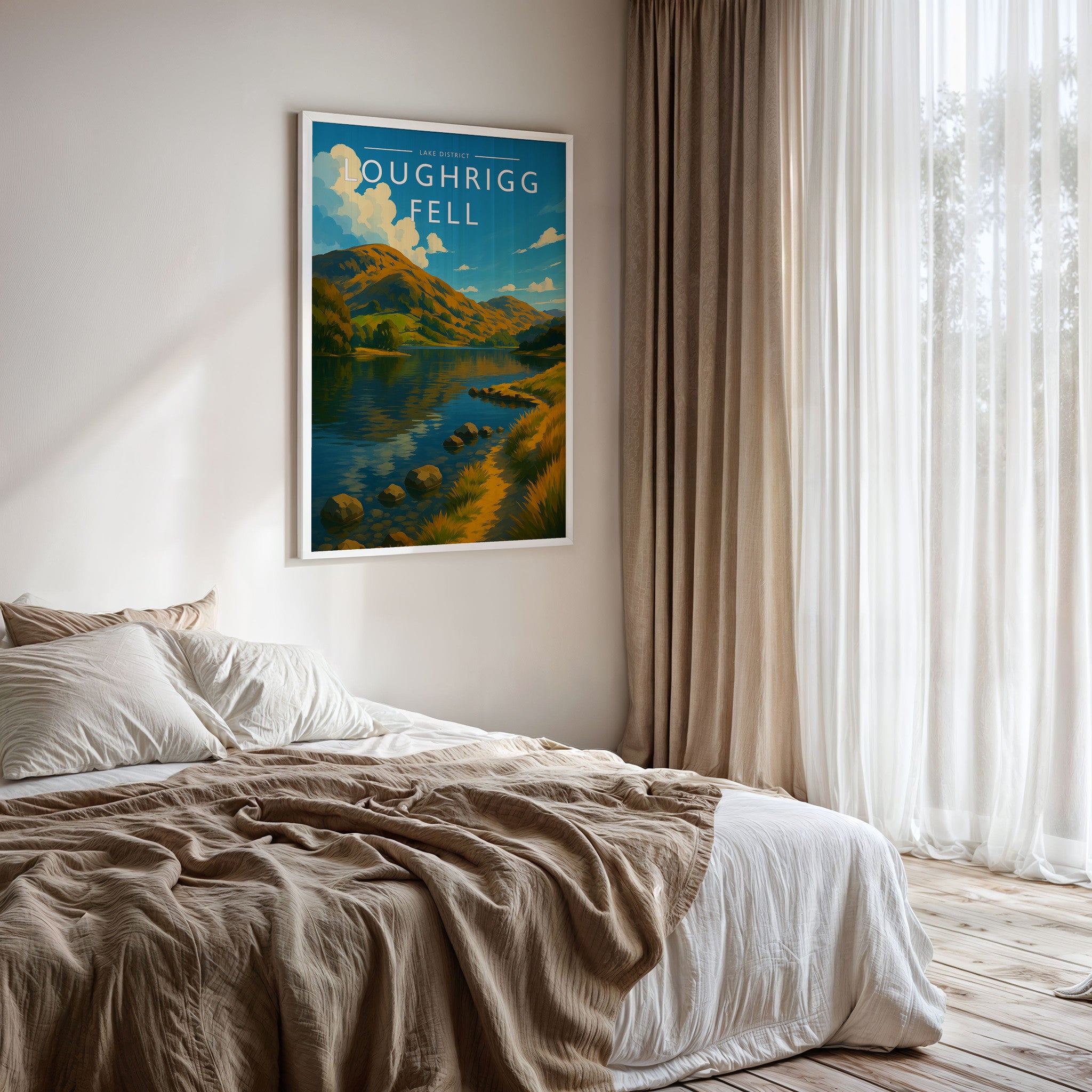 Loughrigg Fell Travel Poster framed on a bedroom wall