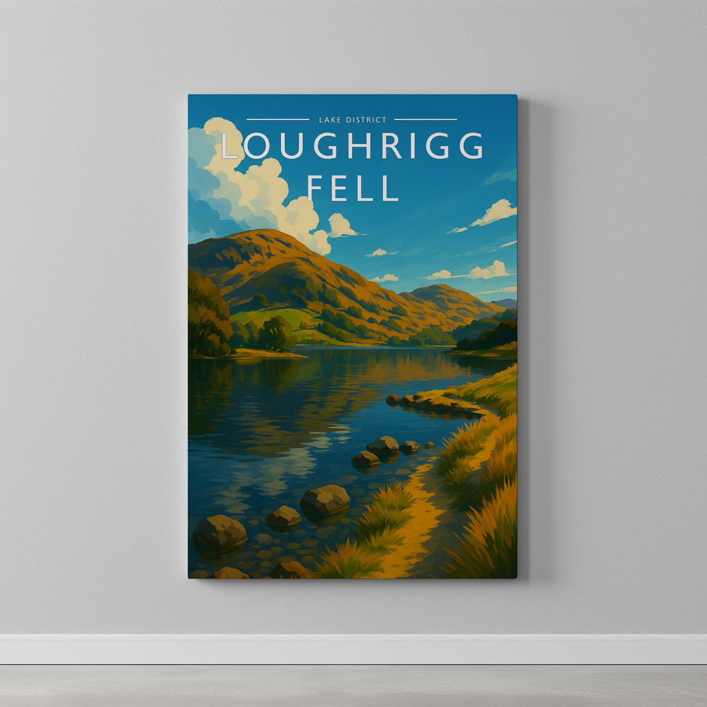 Loughrigg Fell Travel Poster as a gallery-wrapped canvas on a plain wall