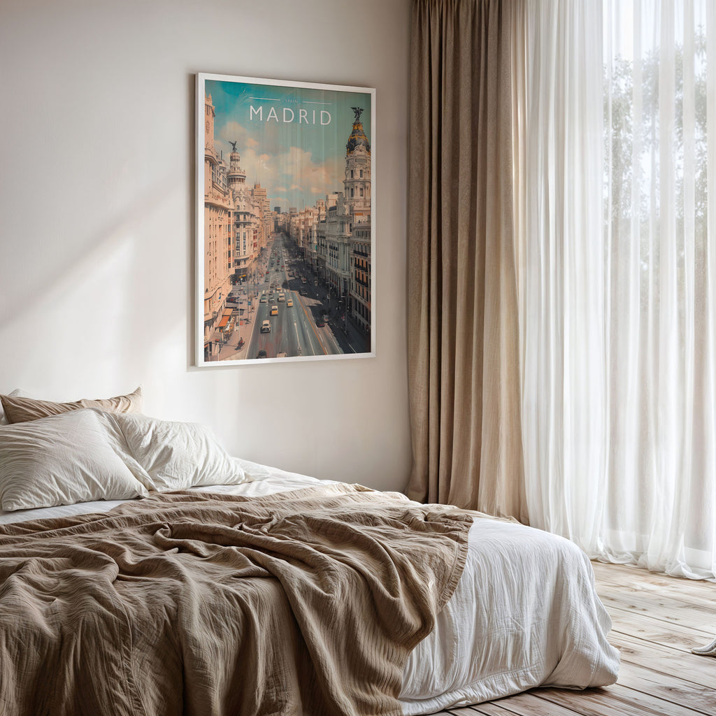 Madrid Travel Poster framed on a bedroom wall