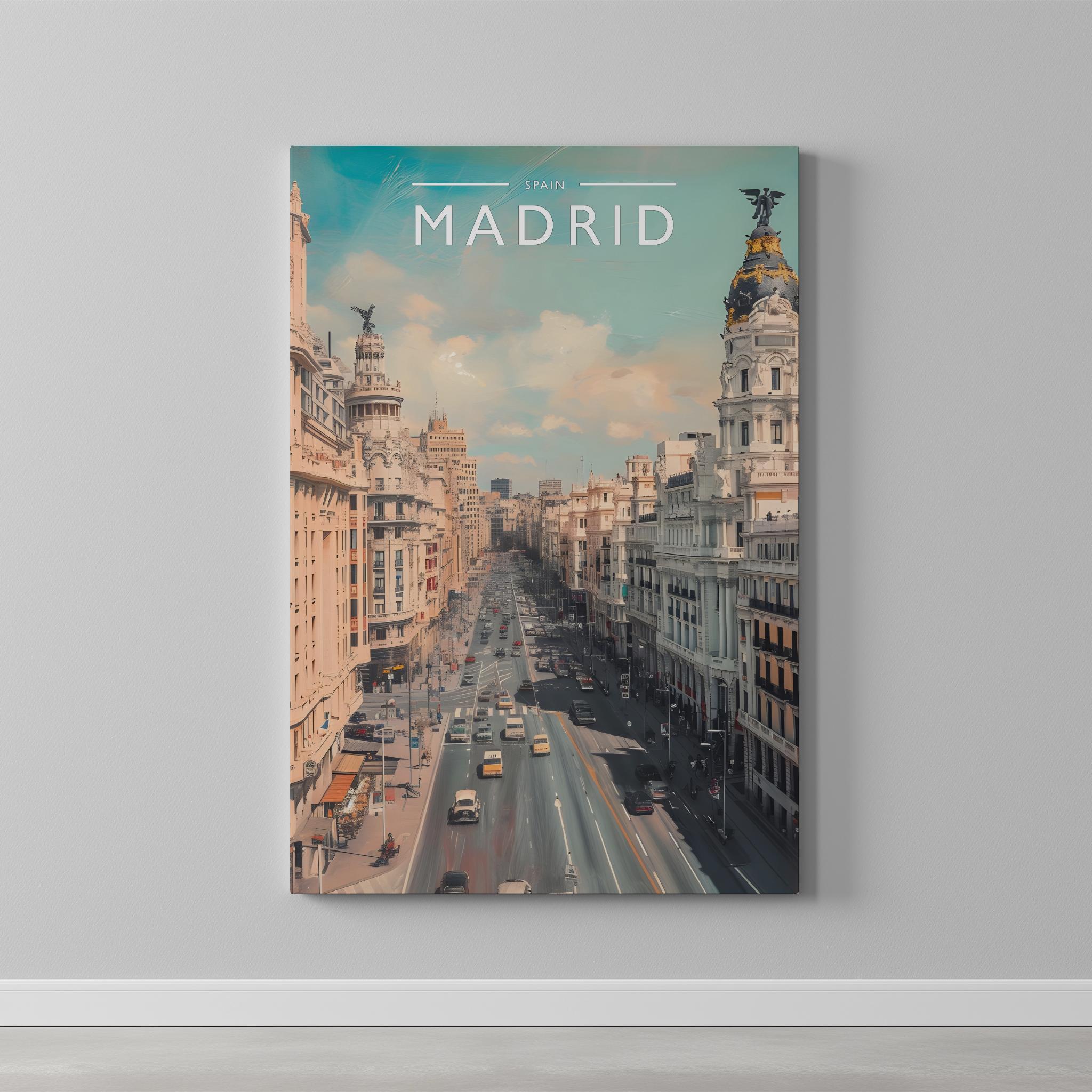 Madrid Travel Poster as a gallery-wrapped canvas on a plain wall