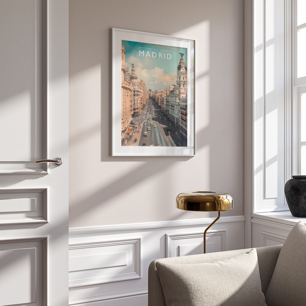 Madrid Travel Poster in a white frame on a panelled wall