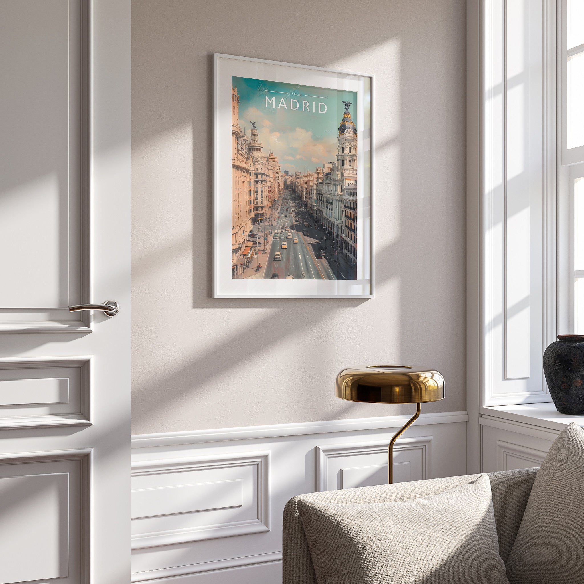 Madrid Travel Poster in a white frame on a panelled wall