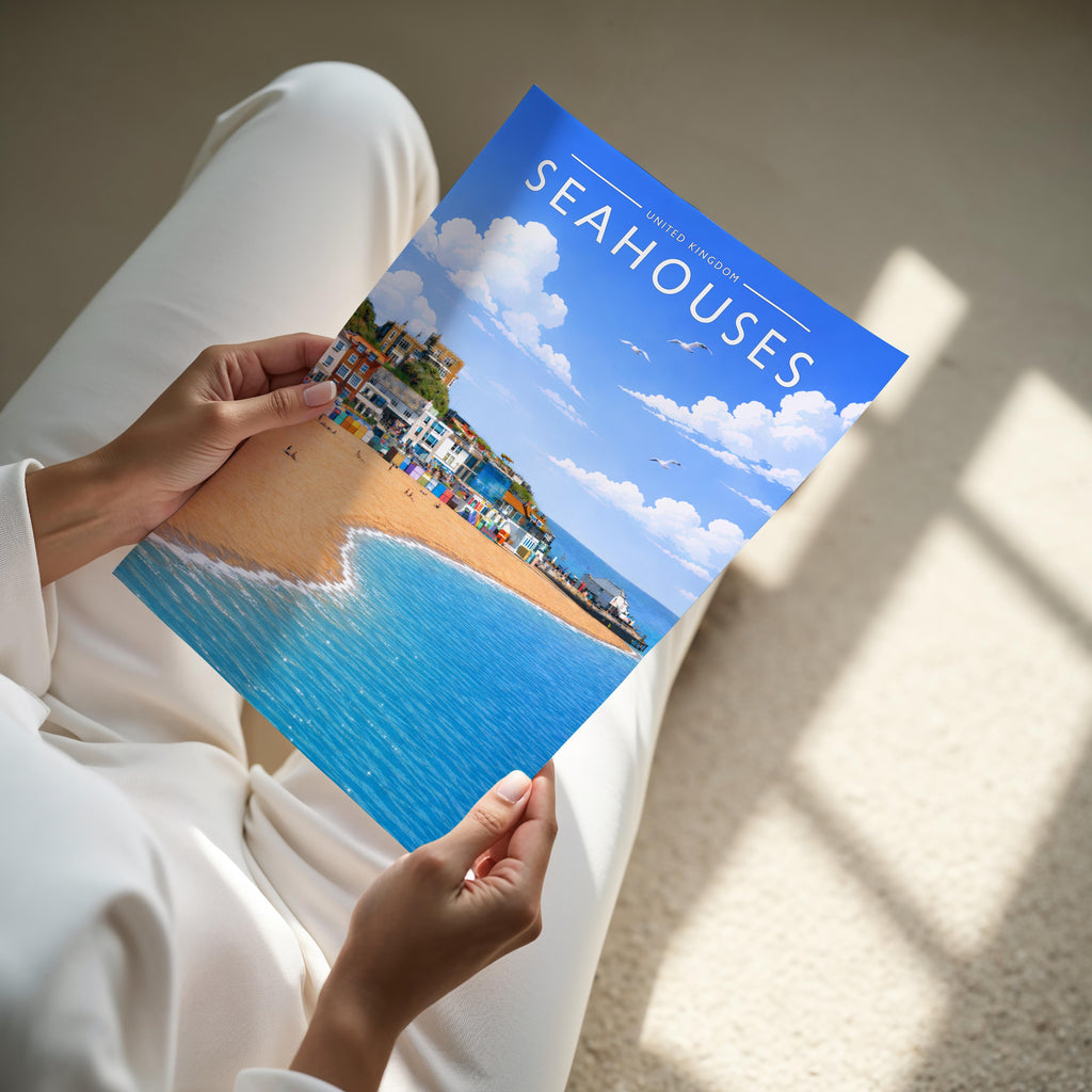 Seahouses #2 Travel Poster - A4 print held in hand