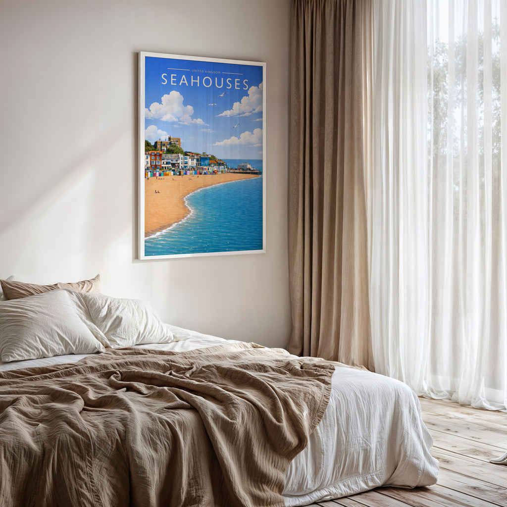 Seahouses #2 Travel Poster framed on a bedroom wall