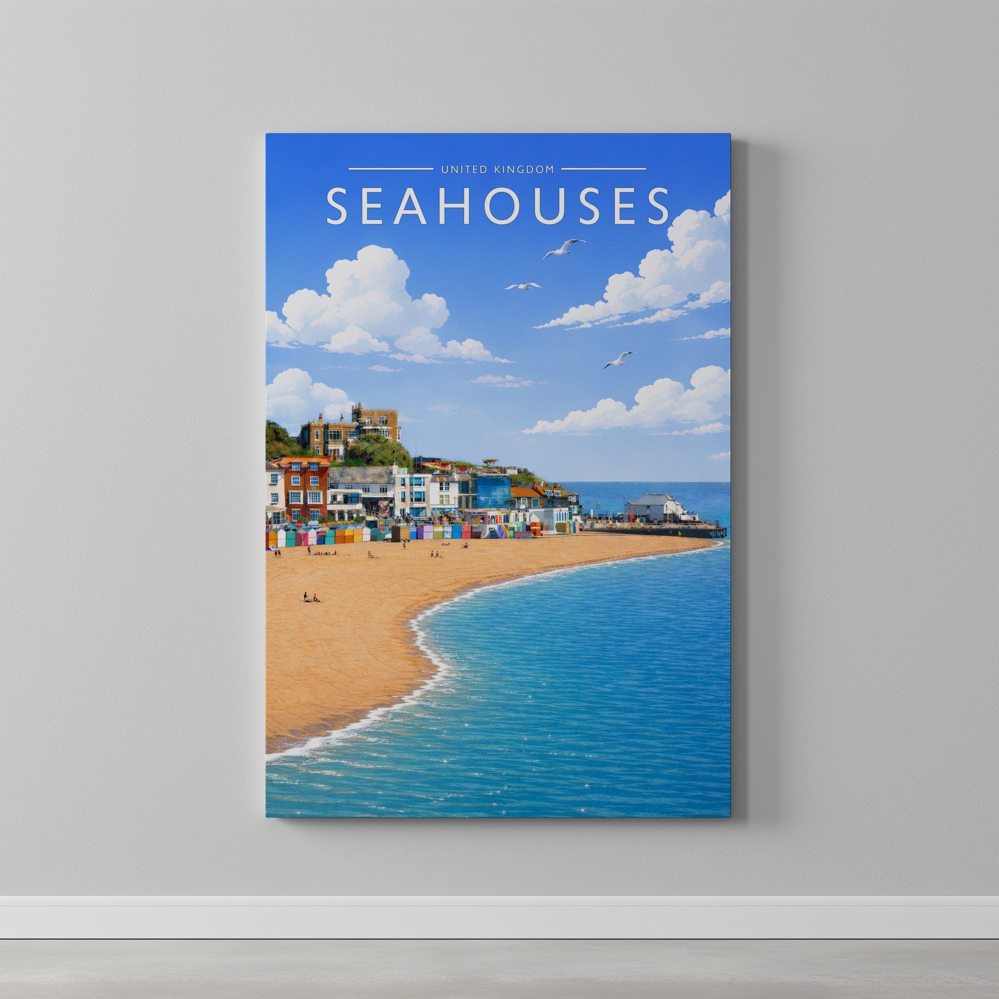 Seahouses #2 Travel Poster as a gallery-wrapped canvas on a plain wall