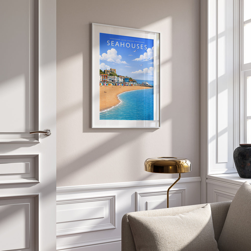 Seahouses #2 Travel Poster in a white frame on a panelled wall