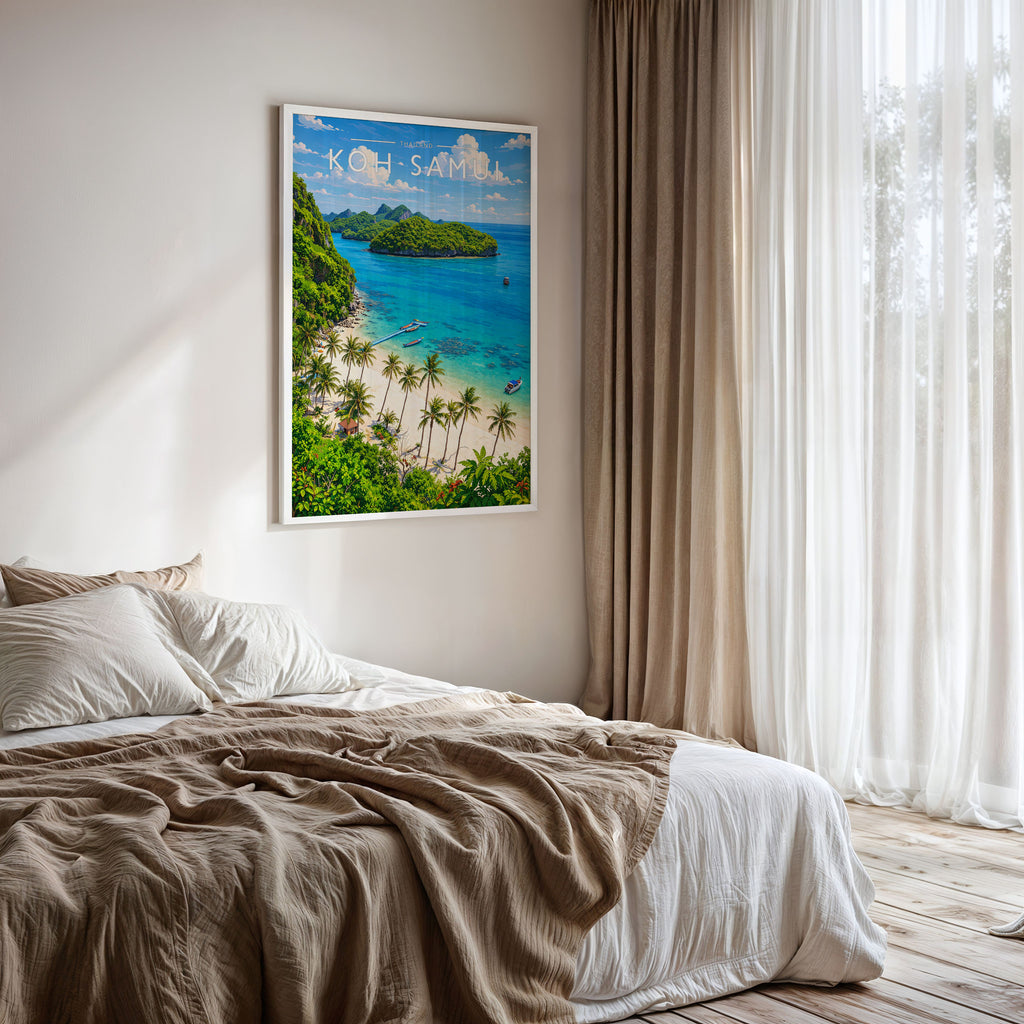 Koh Samui Travel Poster framed on a bedroom wall