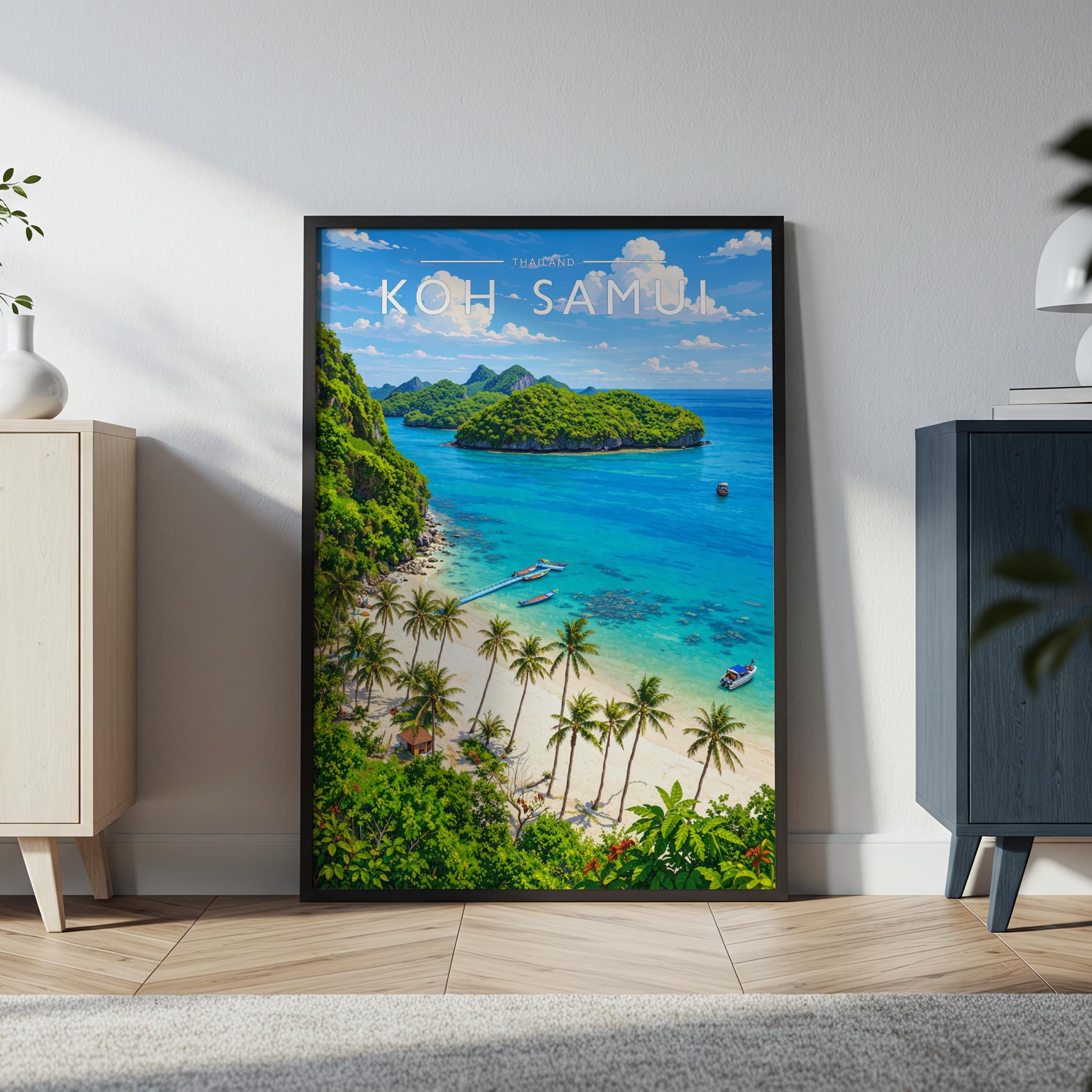 Koh Samui Travel Poster in a black frame