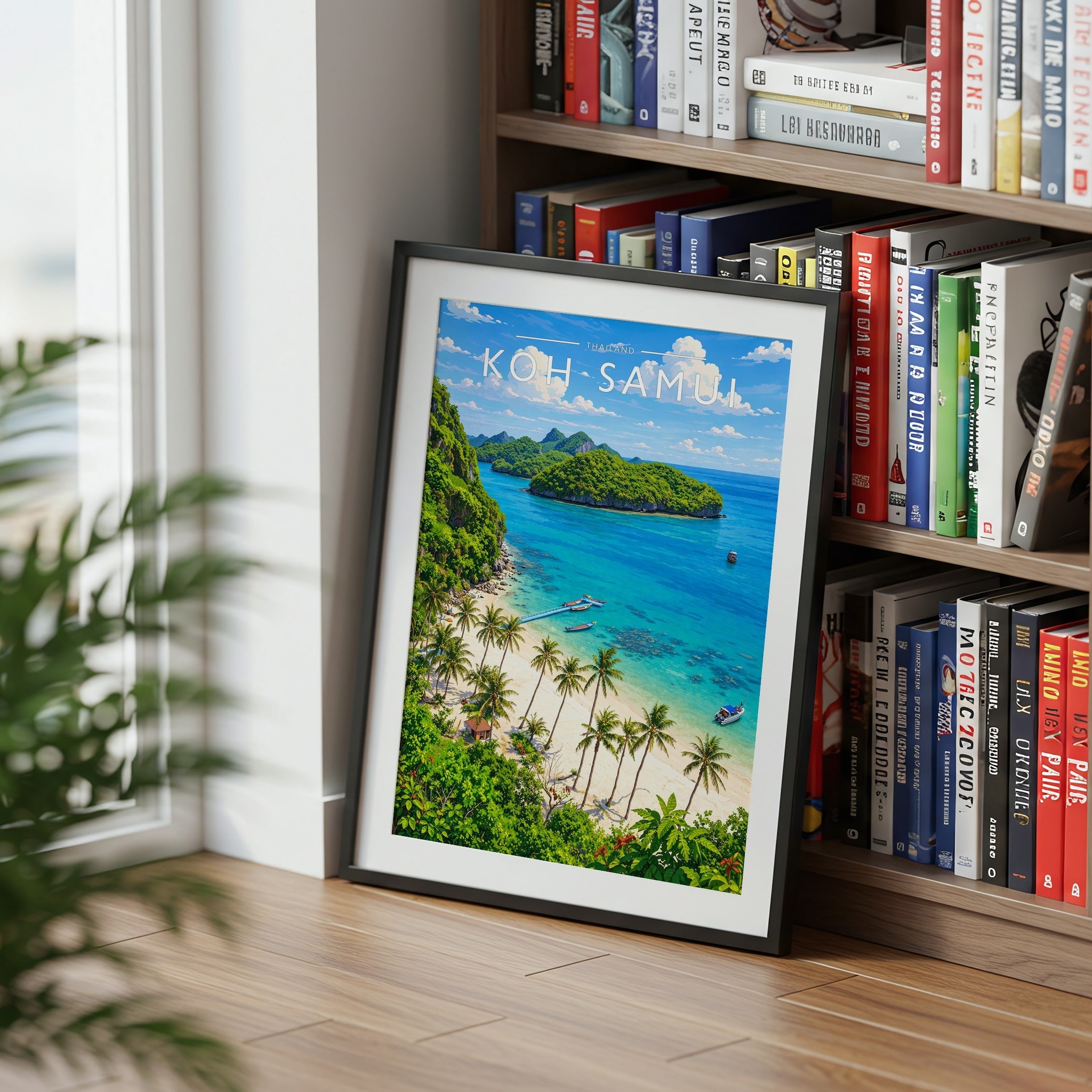 Koh Samui Travel Poster mounted in a black frame