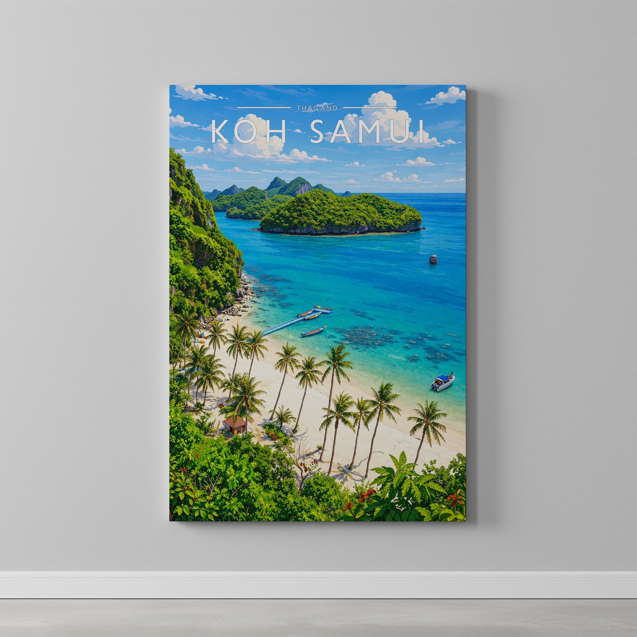 Koh Samui Travel Poster as a gallery-wrapped canvas on a plain wall