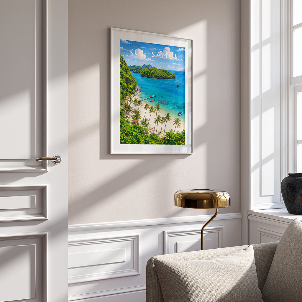 Koh Samui Travel Poster in a white frame on a panelled wall