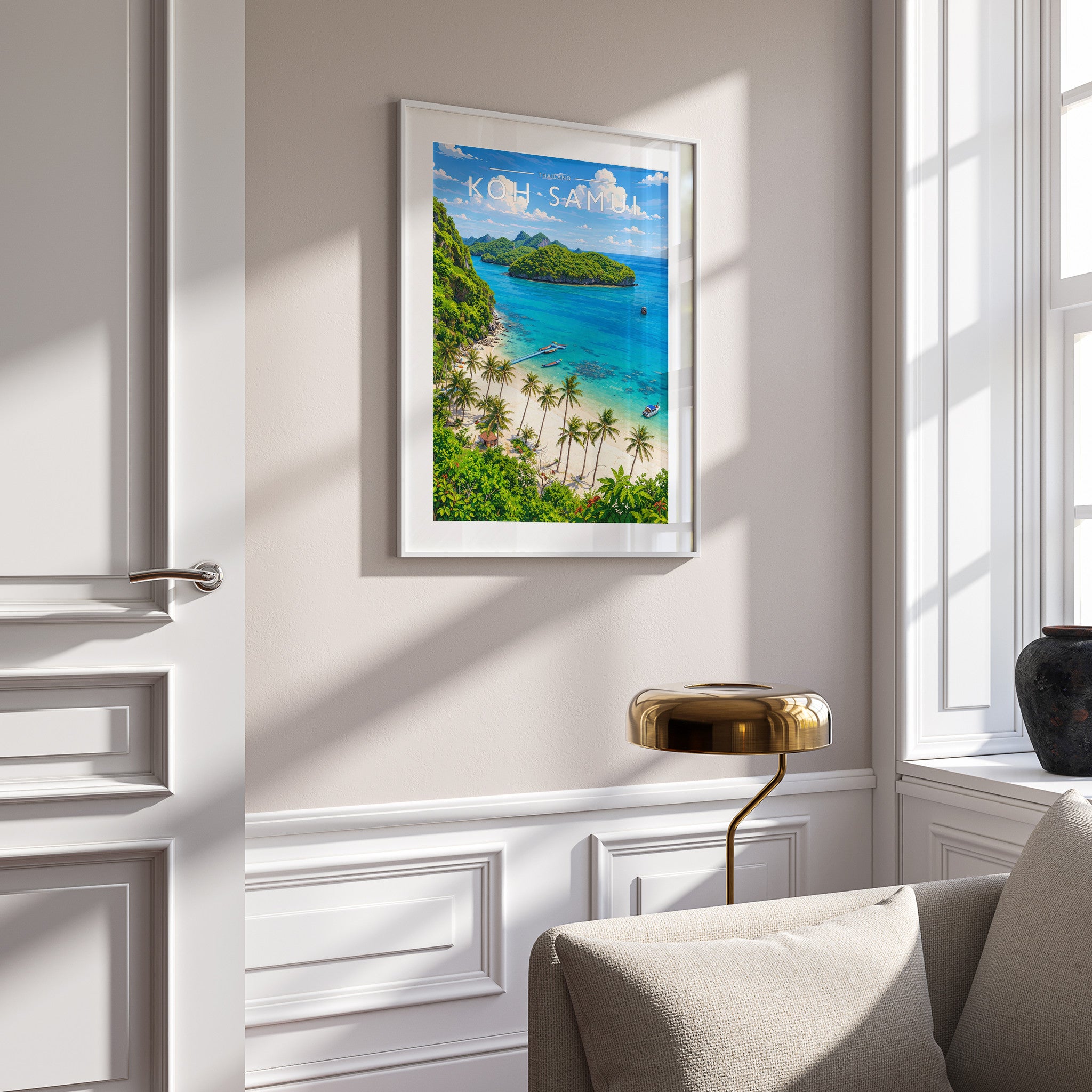 Koh Samui Travel Poster in a white frame on a panelled wall