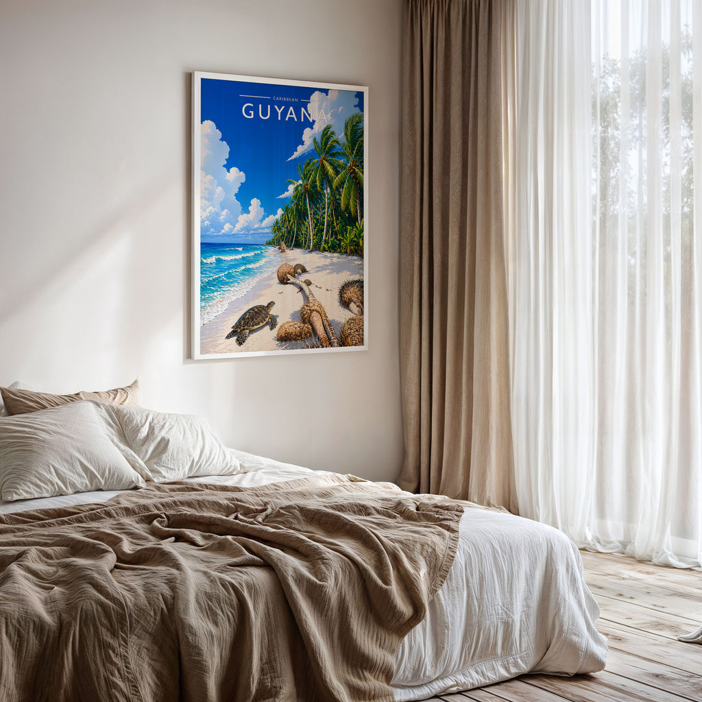 Guyana Travel Poster framed on a bedroom wall