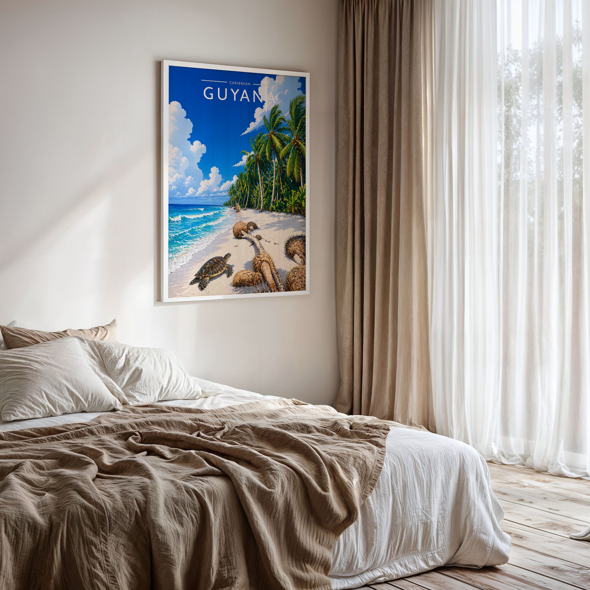 Guyana Travel Poster framed on a bedroom wall