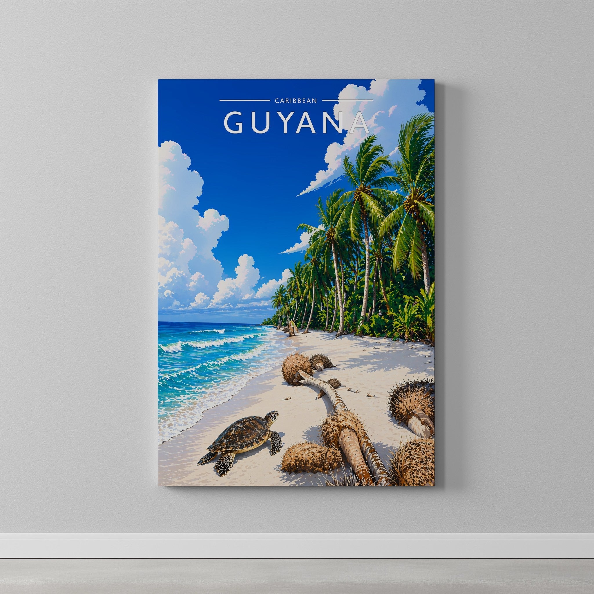 Guyana Travel Poster as a gallery-wrapped canvas on a plain wall