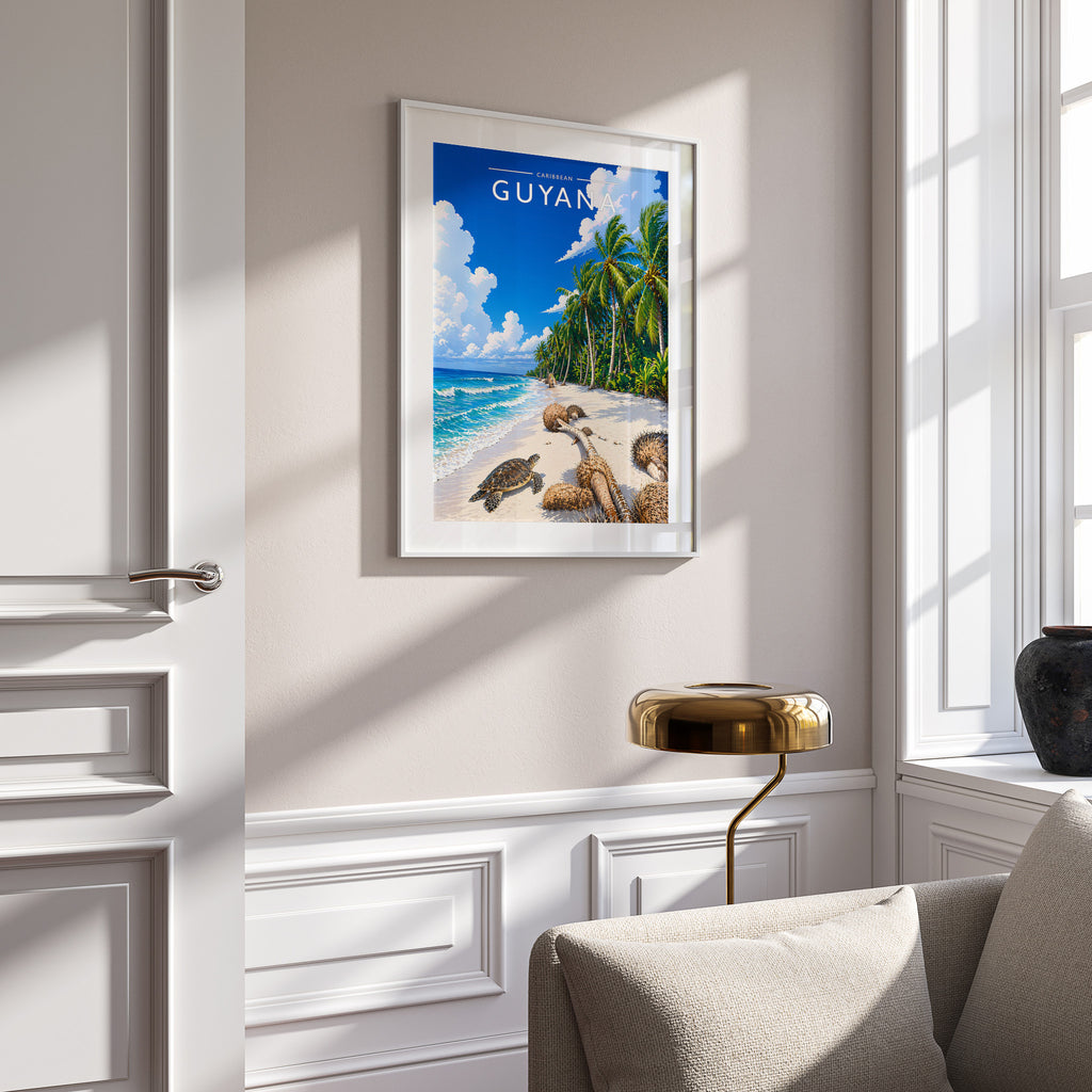 Guyana Travel Poster in a white frame on a panelled wall