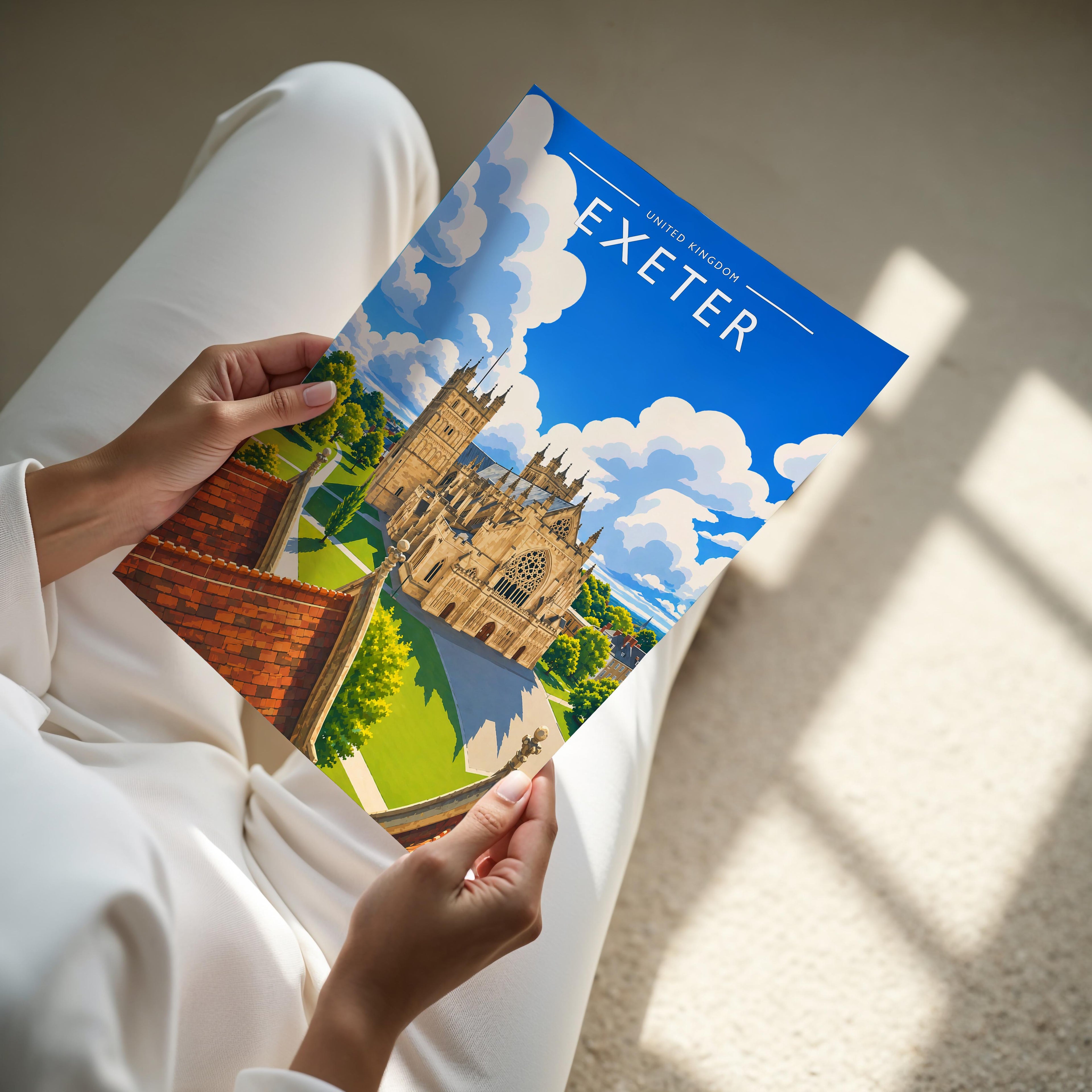 Exeter Travel Poster - A4 print held in hand