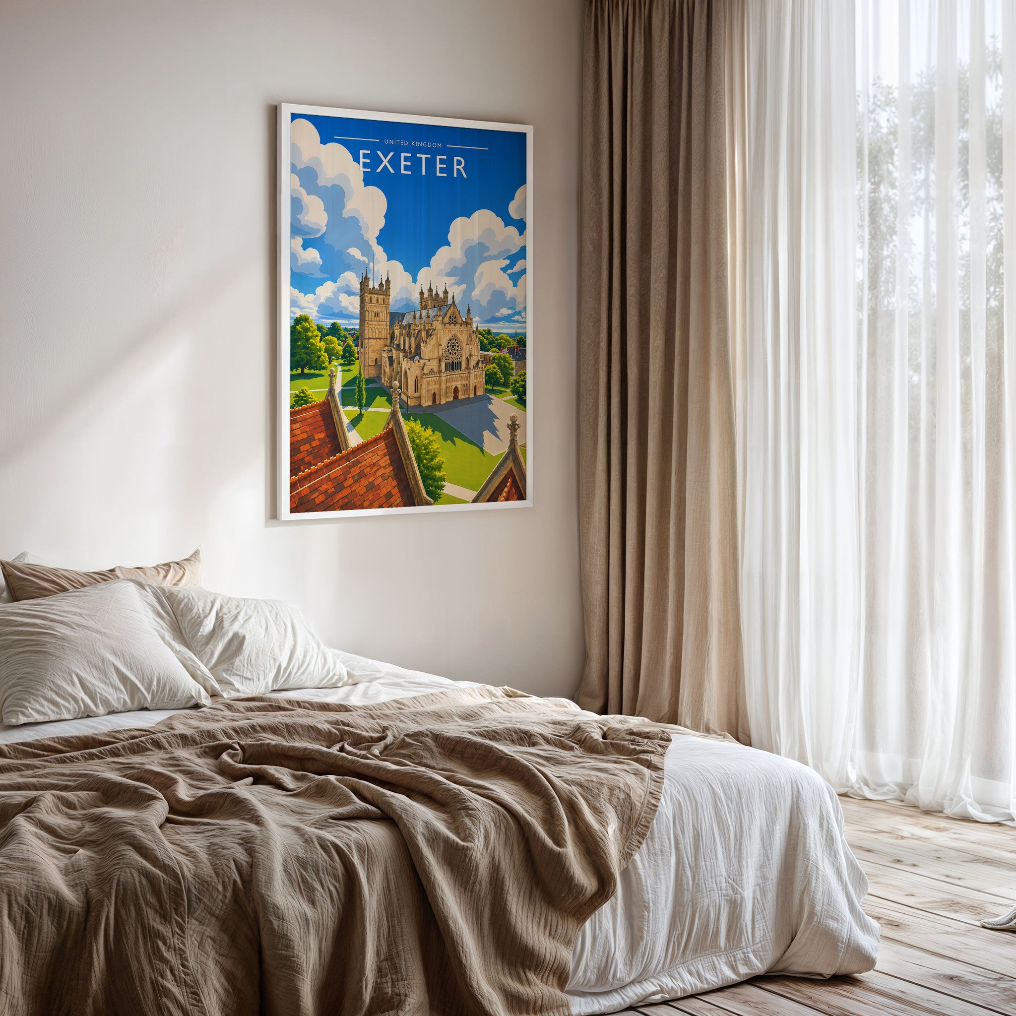 Exeter Travel Poster framed on a bedroom wall