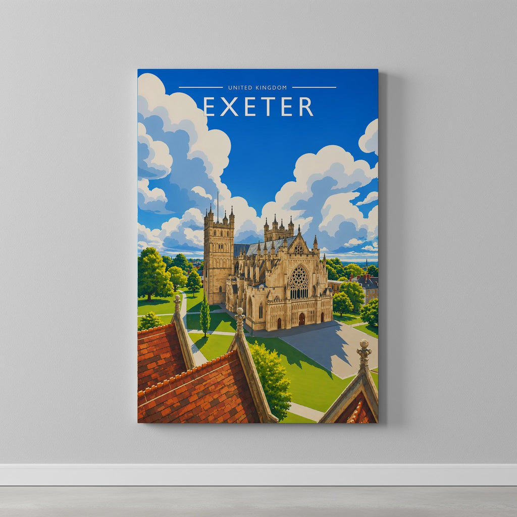 Exeter Travel Poster as a gallery-wrapped canvas on a plain wall