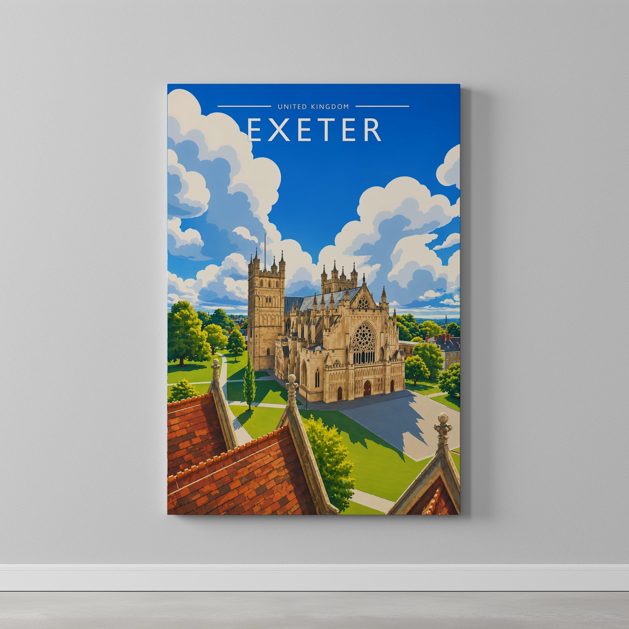 Exeter Travel Poster as a gallery-wrapped canvas on a plain wall