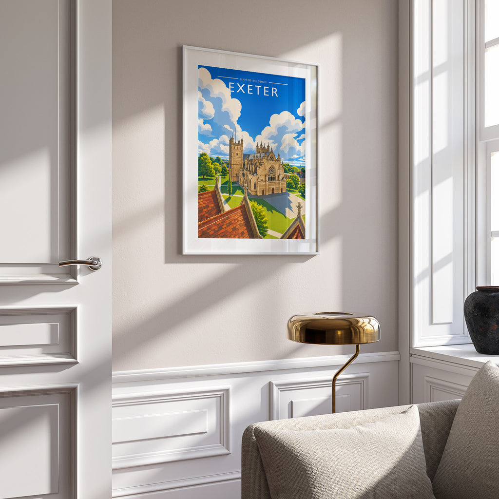 Exeter Travel Poster in a white frame on a panelled wall