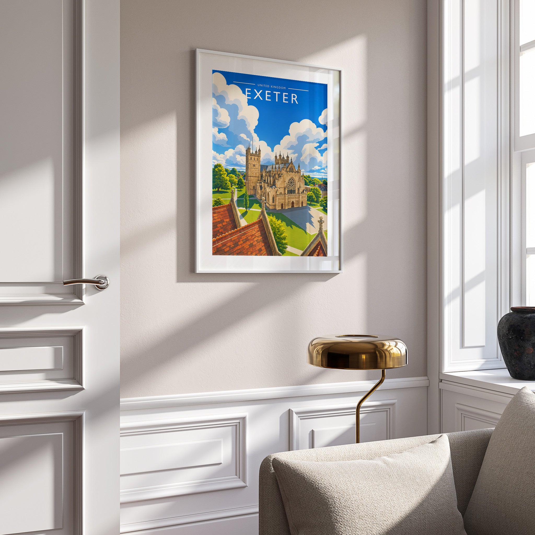 Exeter Travel Poster in a white frame on a panelled wall