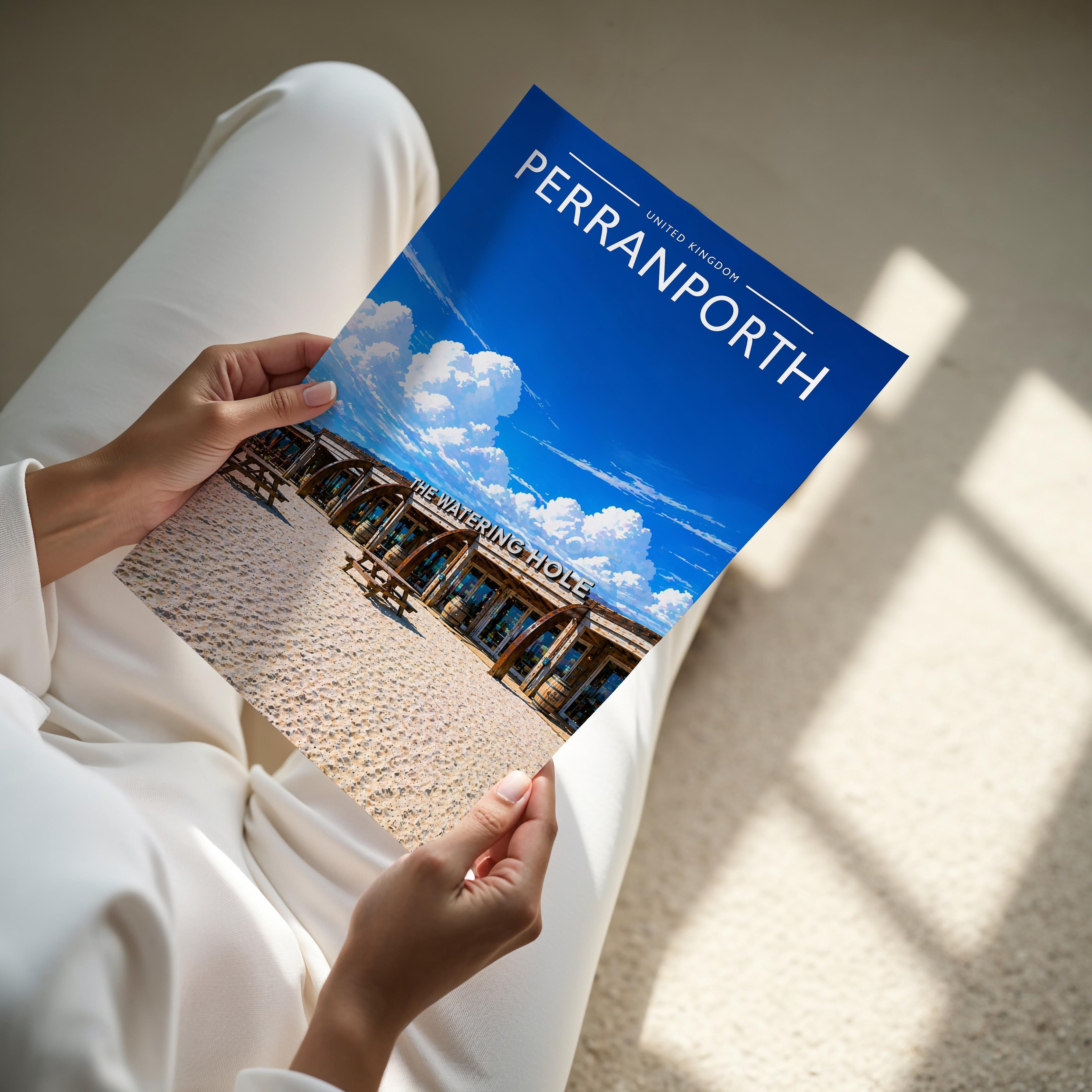 Perranporth Travel Poster - A4 print held in hand