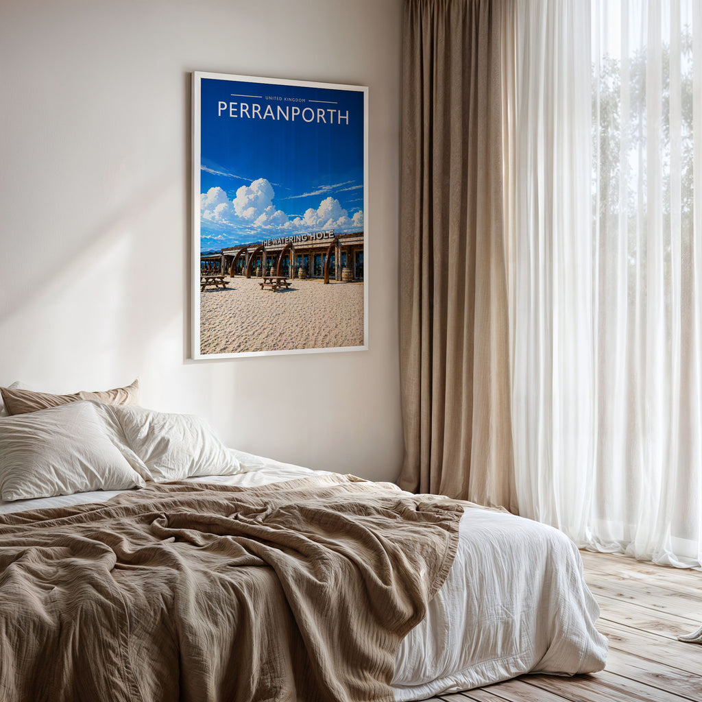Perranporth Travel Poster framed on a bedroom wall