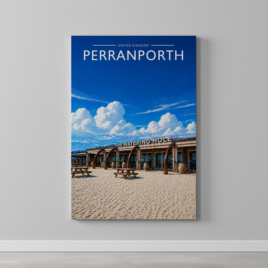 Perranporth Travel Poster as a gallery-wrapped canvas on a plain wall