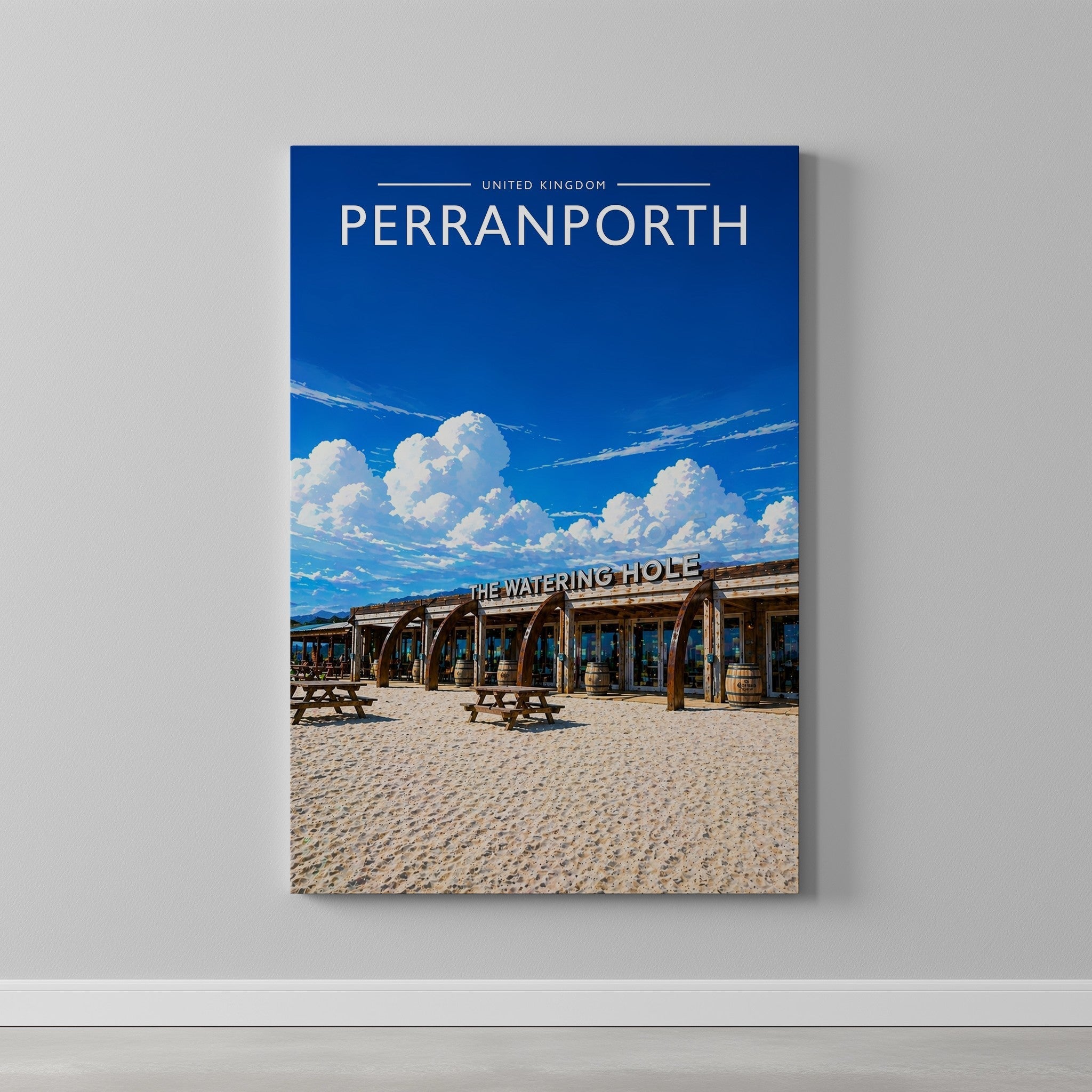 Perranporth Travel Poster as a gallery-wrapped canvas on a plain wall