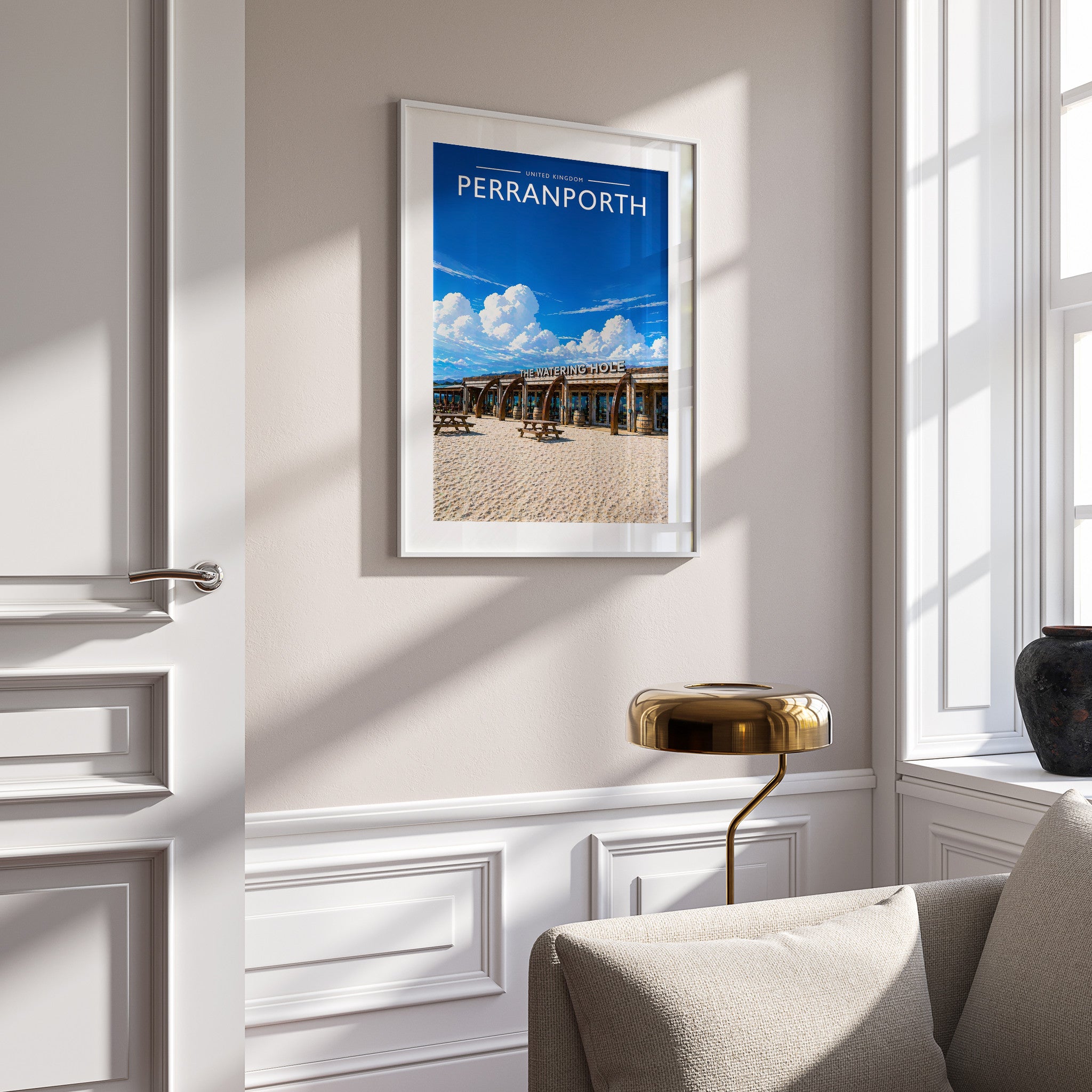 Perranporth Travel Poster in a white frame on a panelled wall