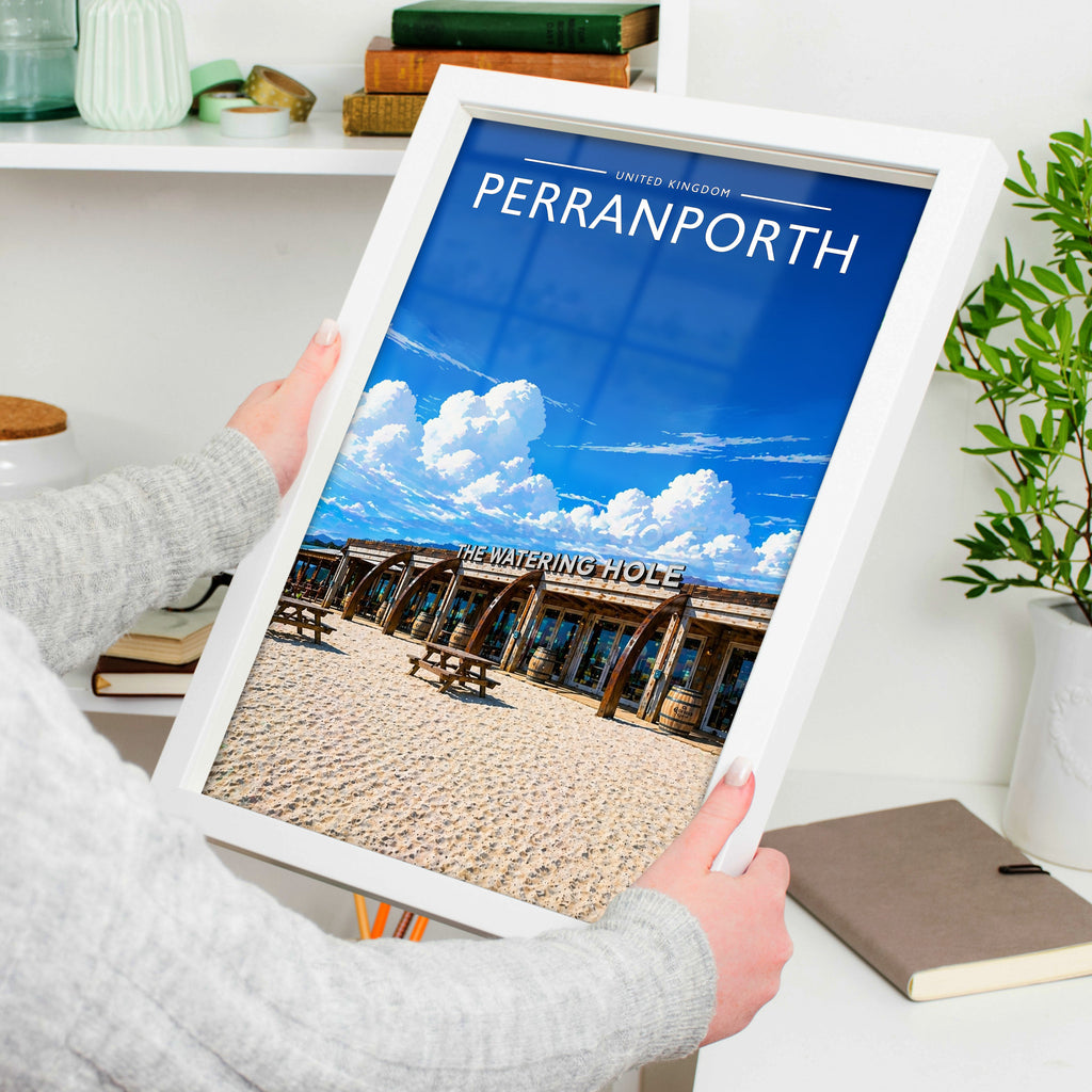 Perranporth Travel Poster in a white frame, held to show scale