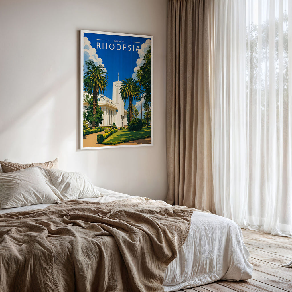 Bulawayo Travel Poster framed on a bedroom wall