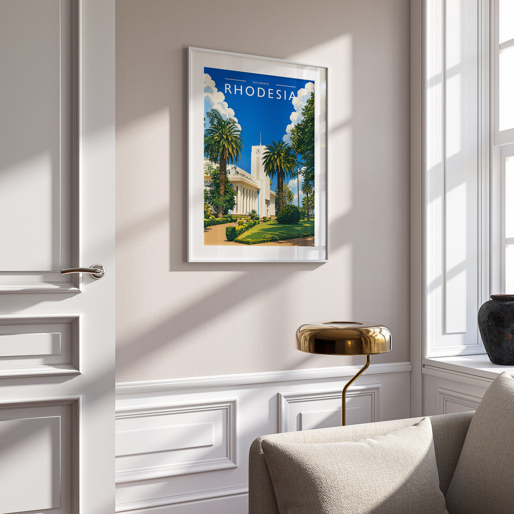 Bulawayo Travel Poster in a white frame on a panelled wall