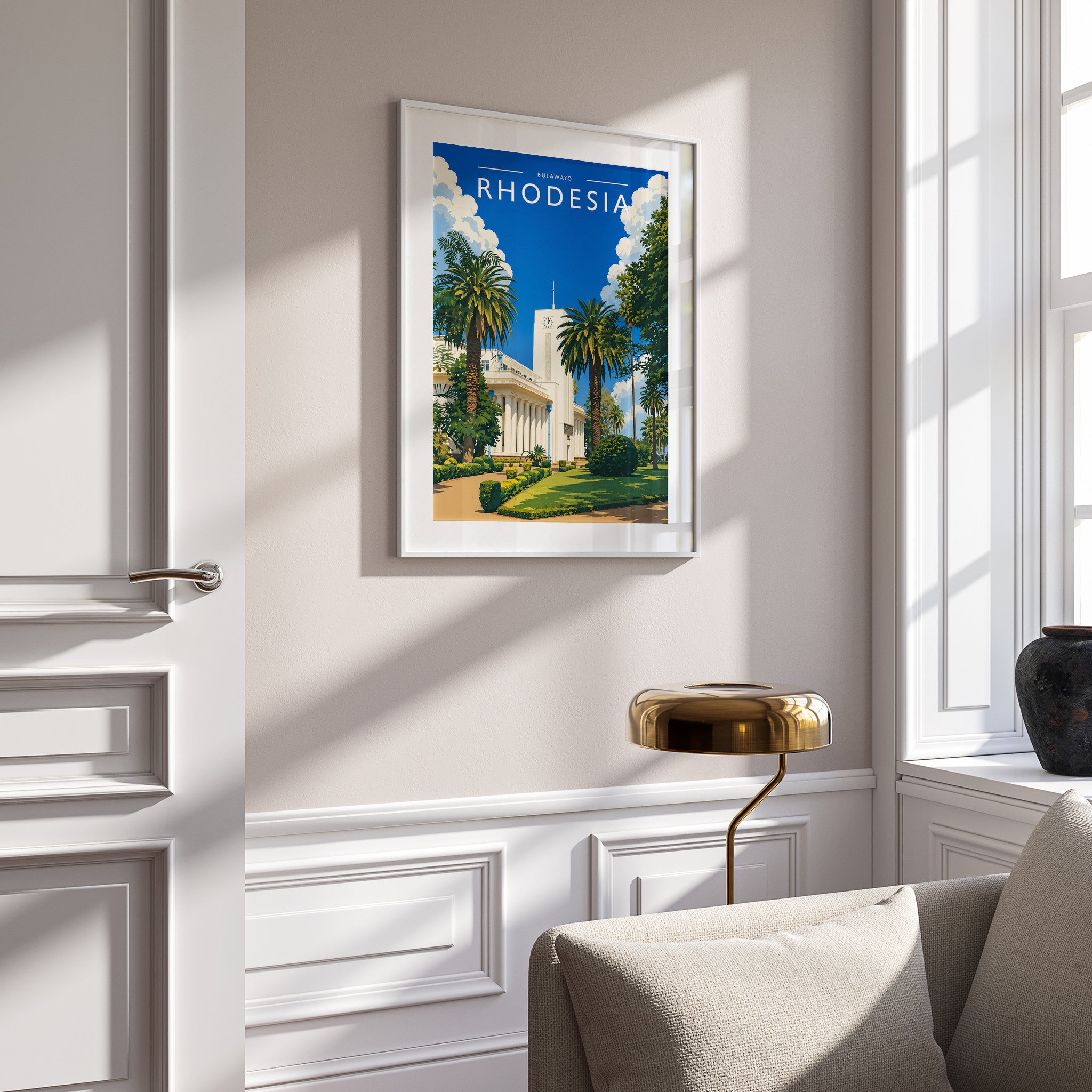 Bulawayo Travel Poster in a white frame on a panelled wall